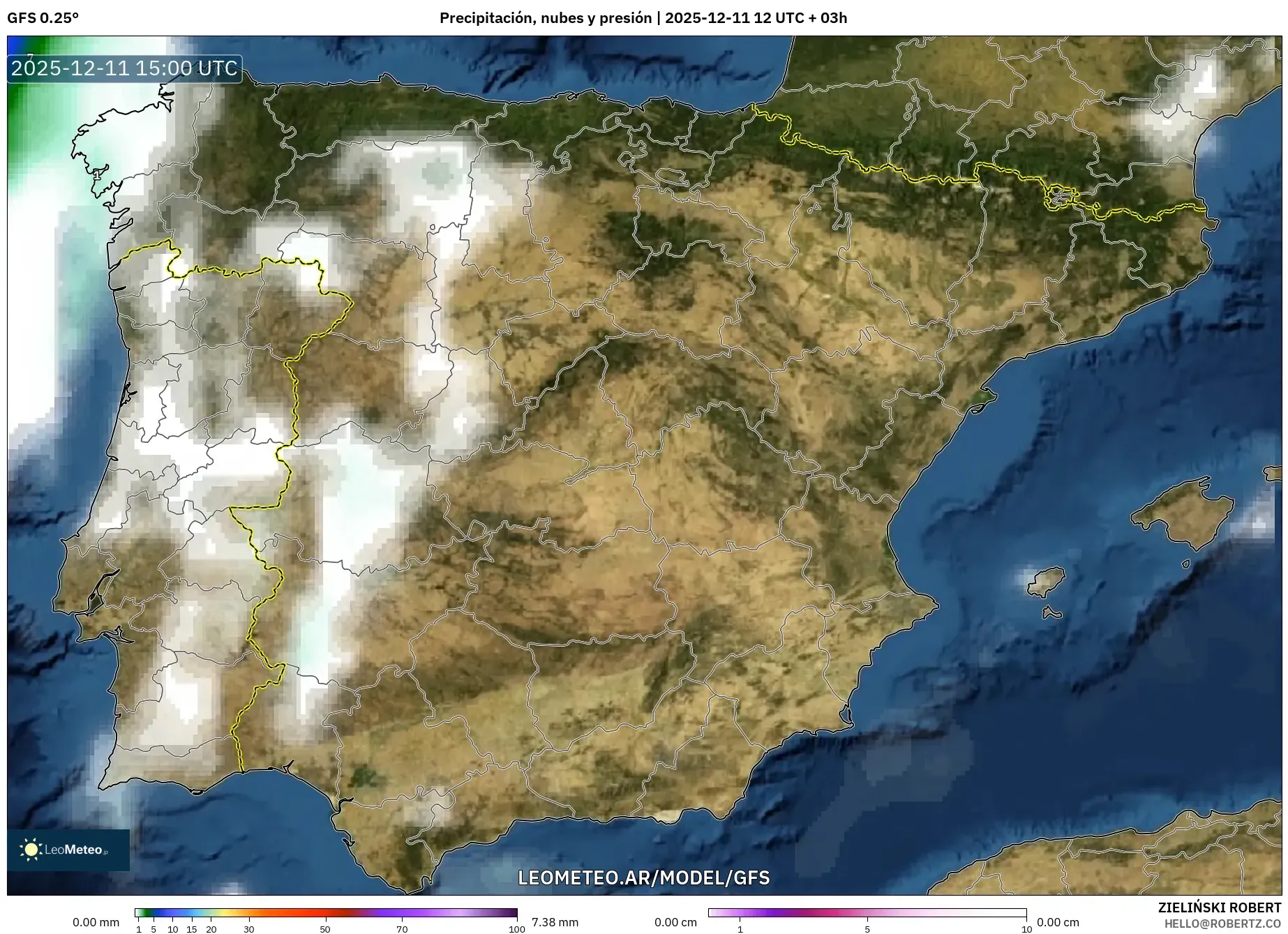 GFS model - España, Precipitación, nubes y presión