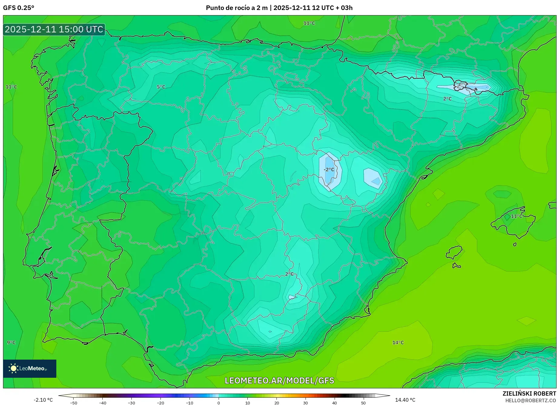 GFS model - España, Punto de rocío a 2 m