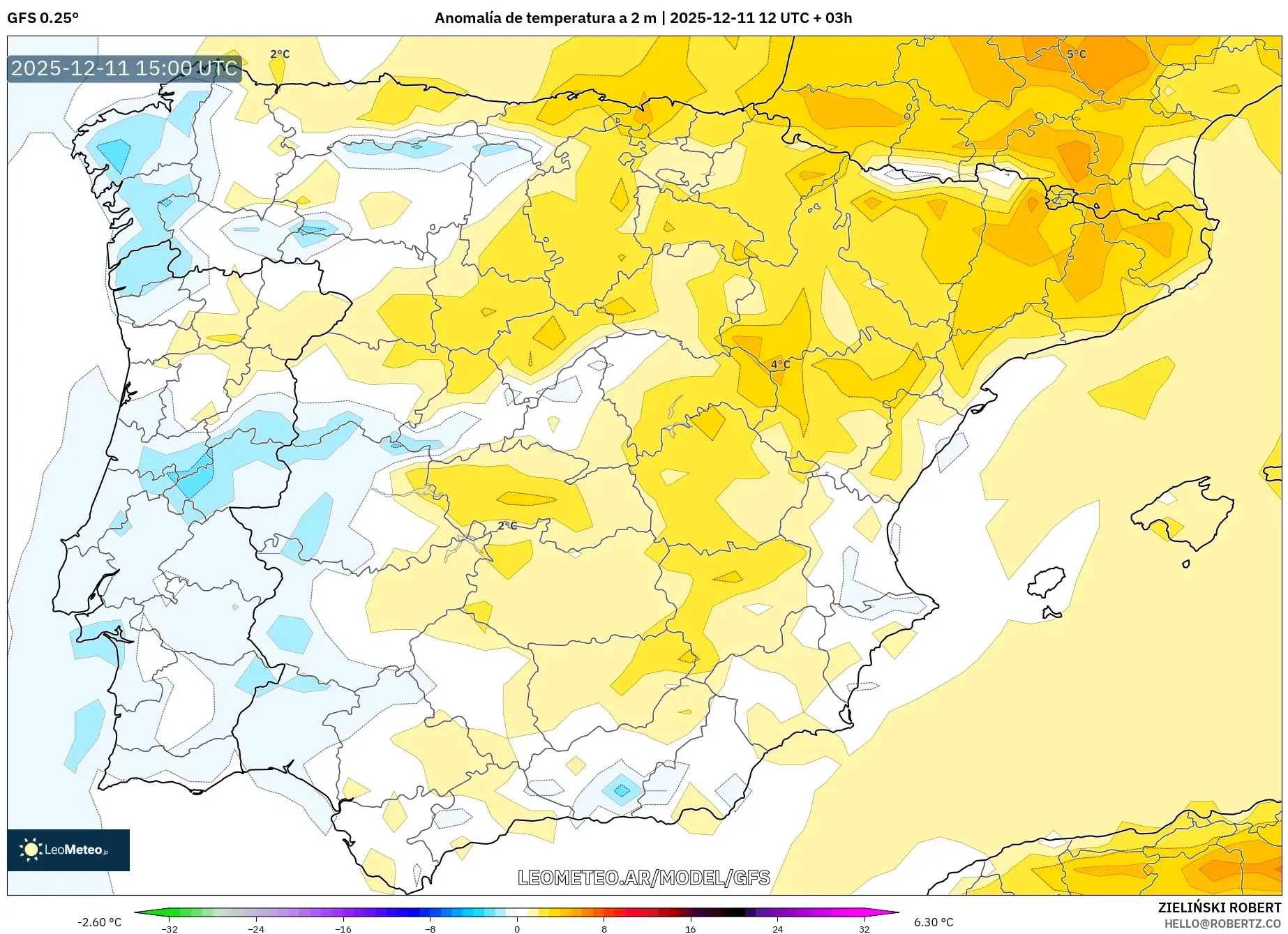 GFS model - España, Anomalía de temperatura a 2 m