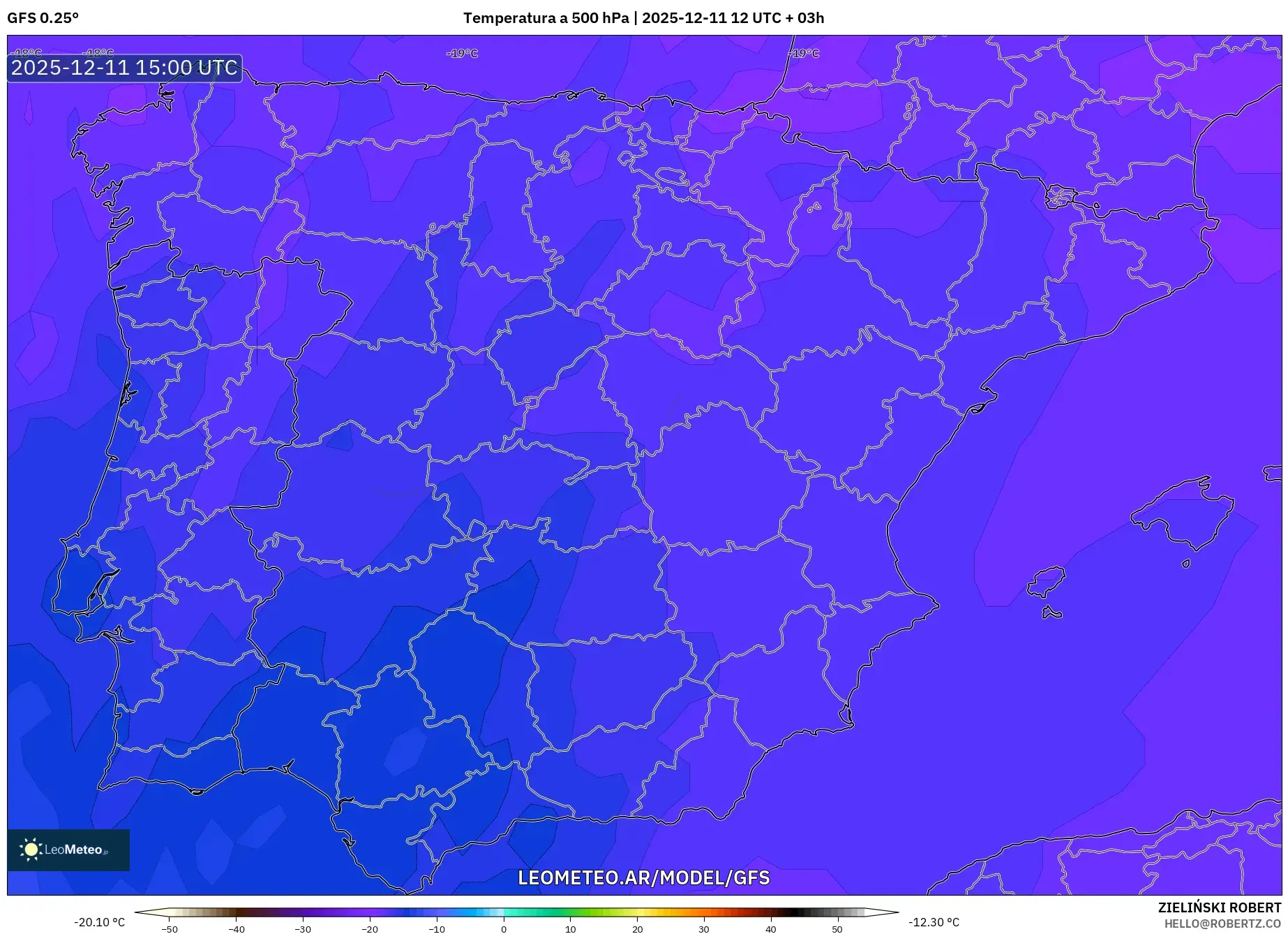GFS model - España, Temperatura a 500 hPa