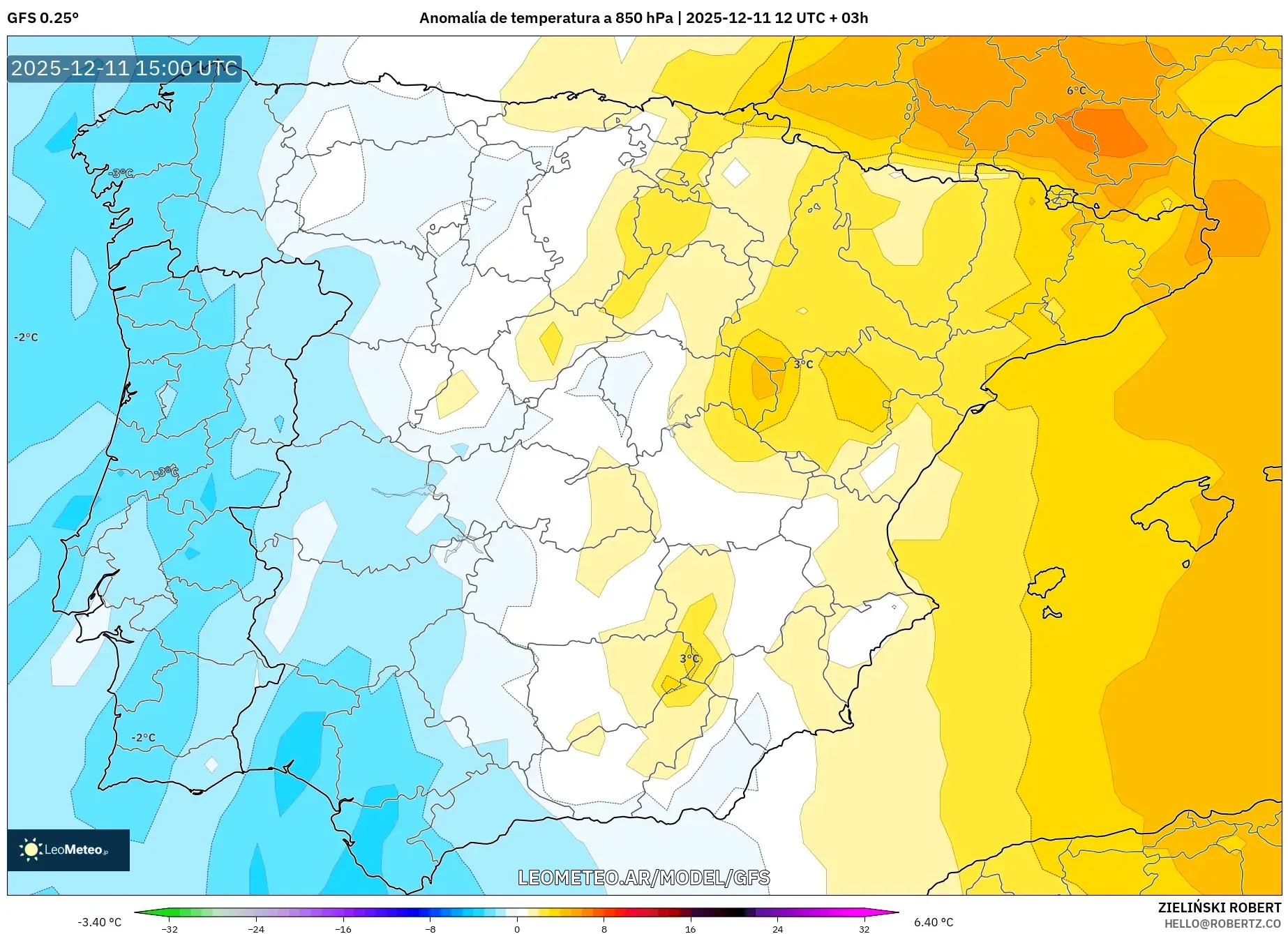 GFS model - España, Anomalía de temperatura a 850 hPa