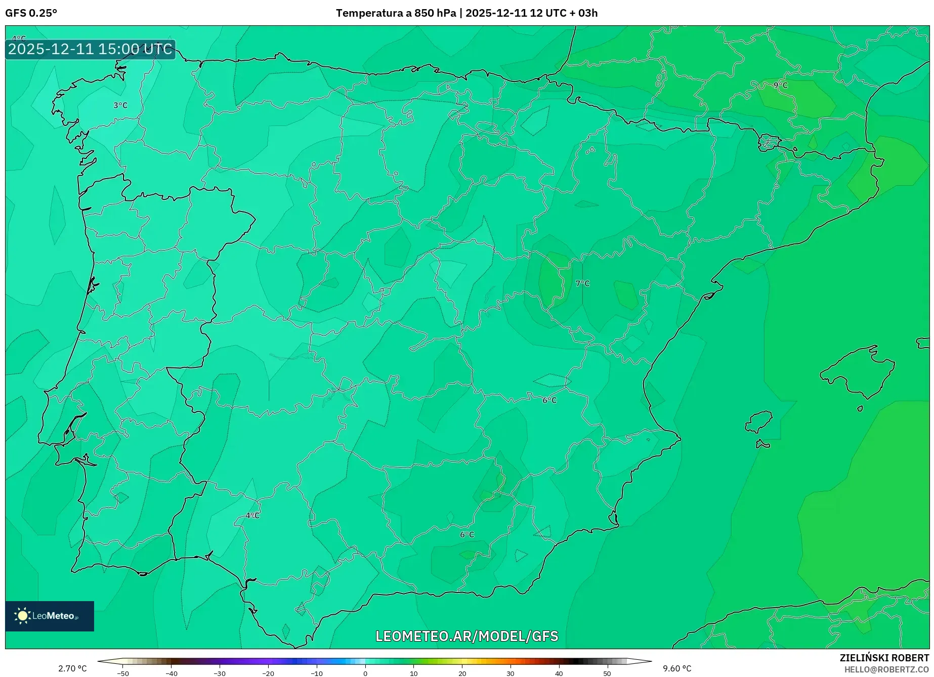 GFS model - España, Temperatura a 850 hPa
