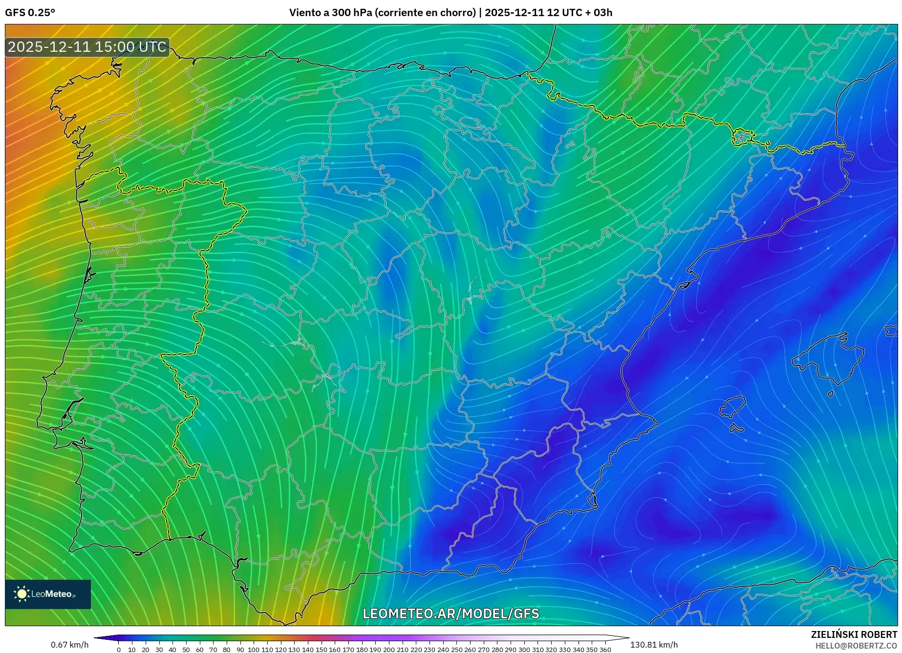 GFS model - España, Viento a 300 hPa (corriente en chorro)