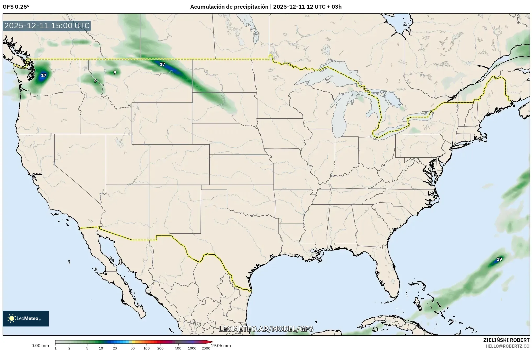 GFS model - Estados Unidos, Acumulación de precipitación