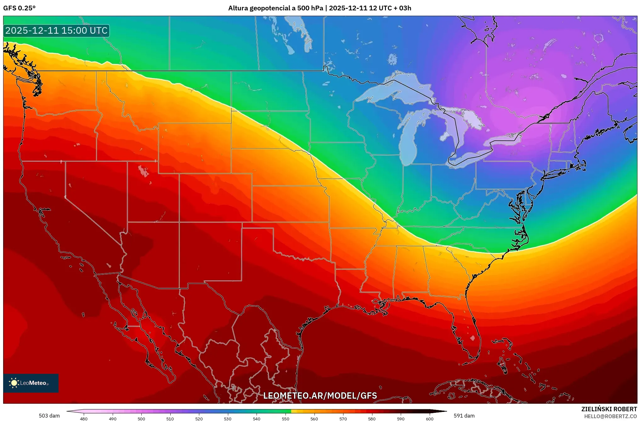 GFS model - Estados Unidos, Altura geopotencial a 500 hPa