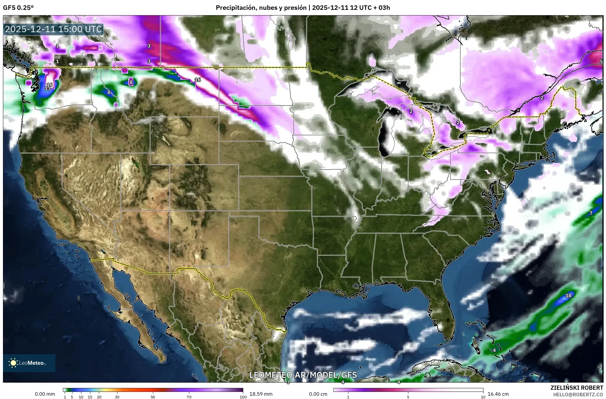 GFS model - Estados Unidos, Precipitación, nubes y presión