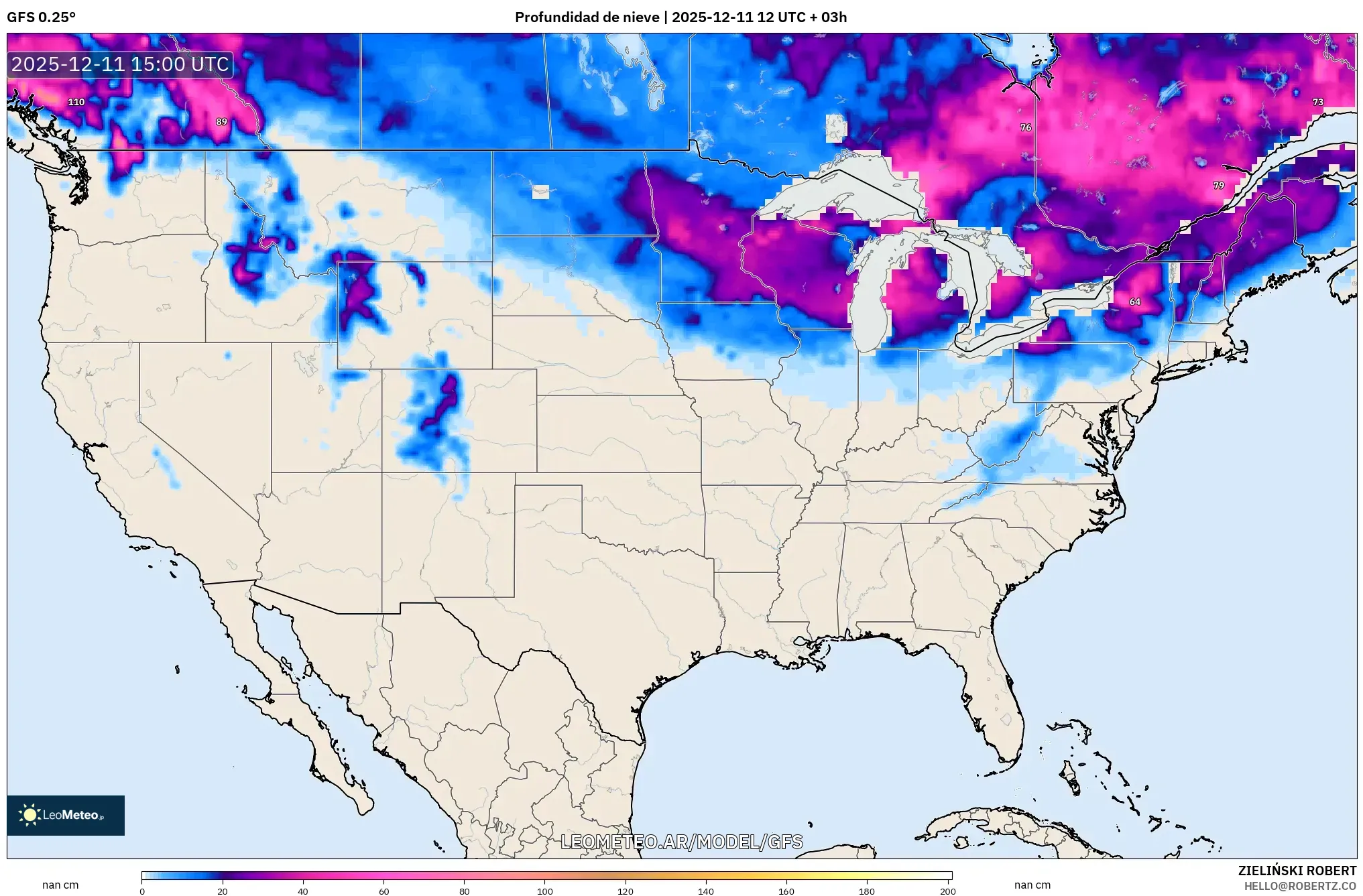 GFS model - Estados Unidos, Profundidad de nieve