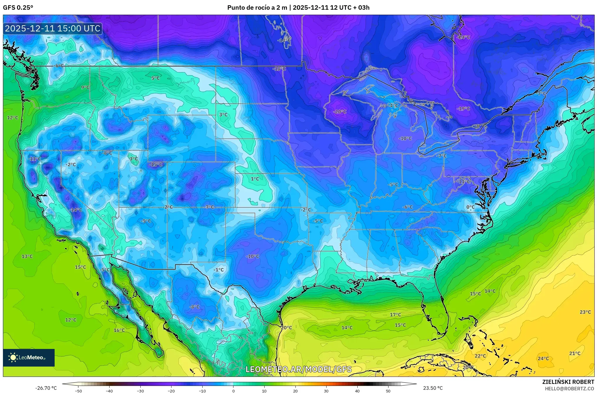GFS model - Estados Unidos, Punto de rocío a 2 m