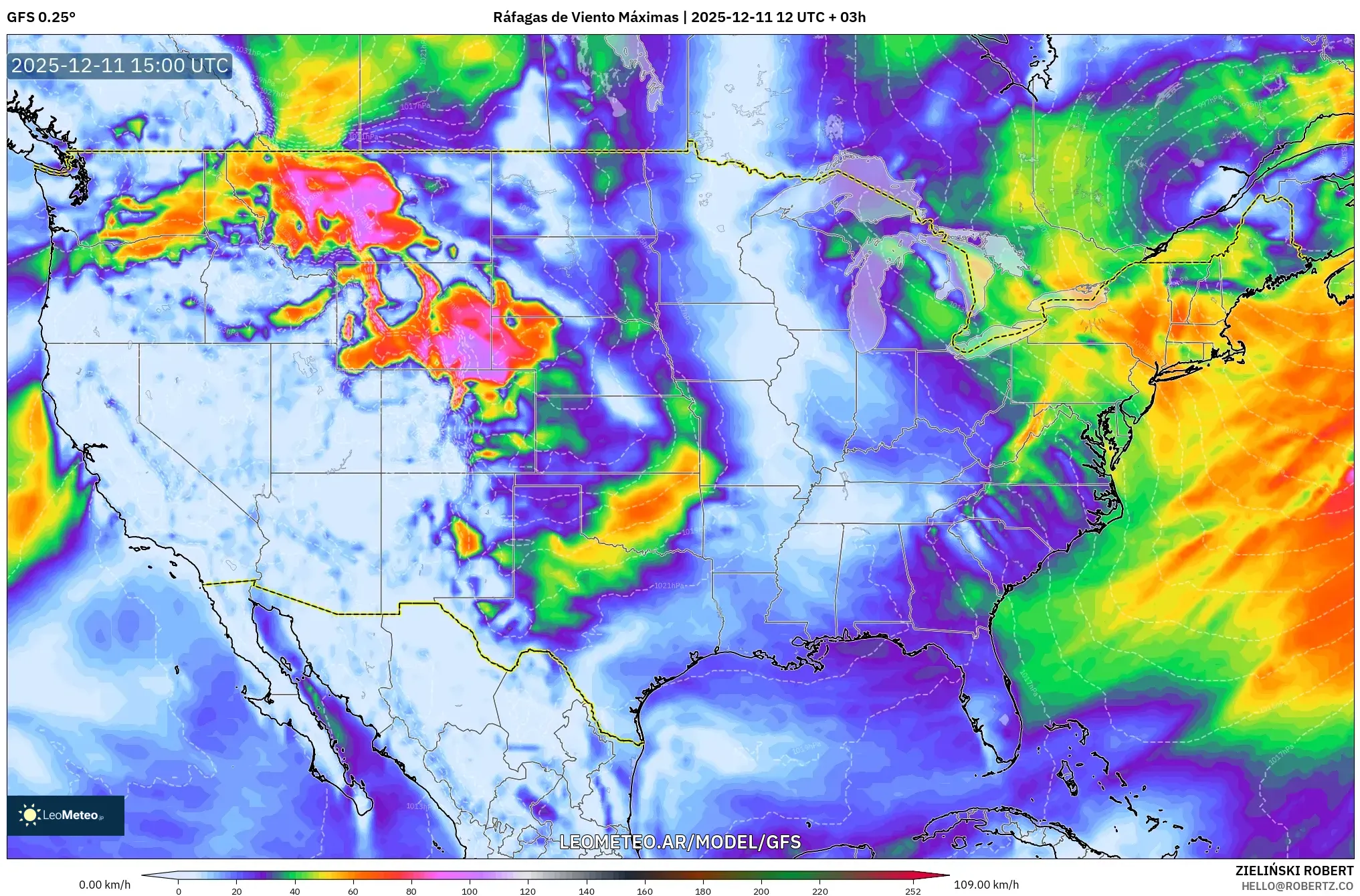 GFS model - Estados Unidos, Ráfagas de Viento Máximas