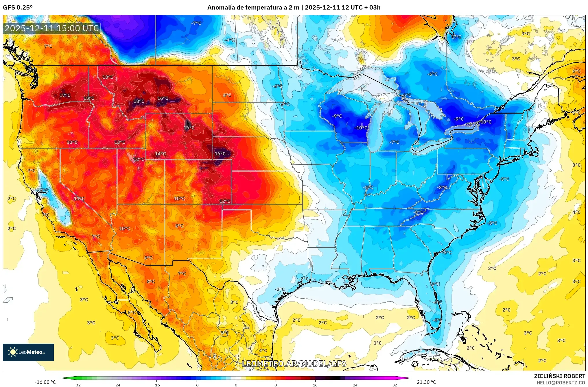GFS model - Estados Unidos, Anomalía de temperatura a 2 m