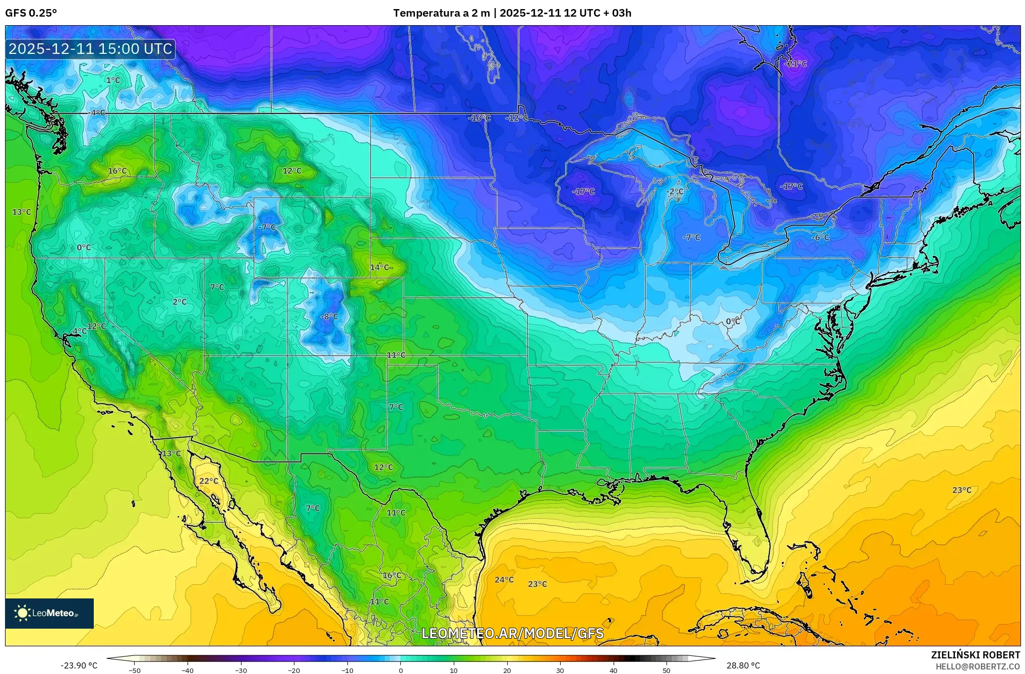 GFS model - Estados Unidos, Temperatura a 2 m