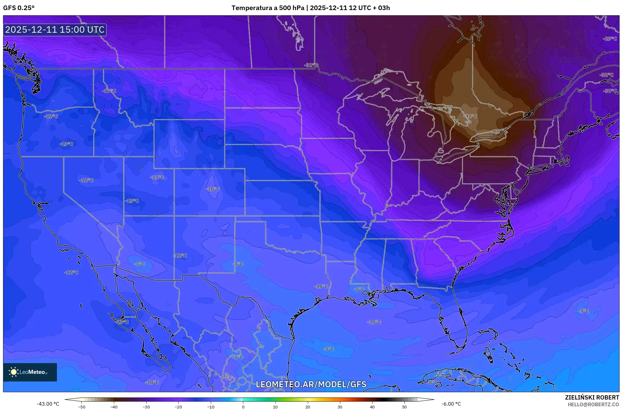 GFS model - Estados Unidos, Temperatura a 500 hPa