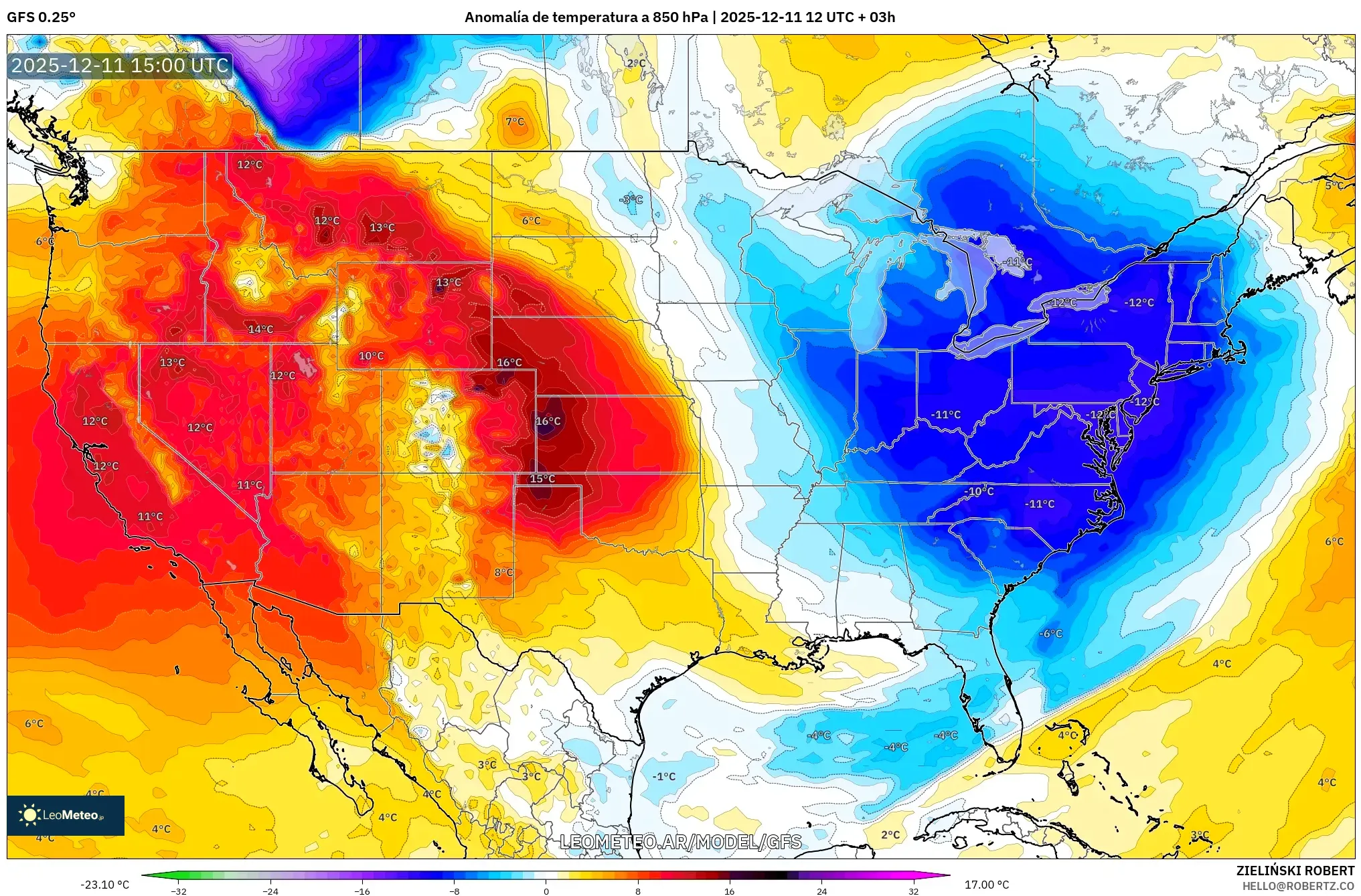 GFS model - Estados Unidos, Anomalía de temperatura a 850 hPa