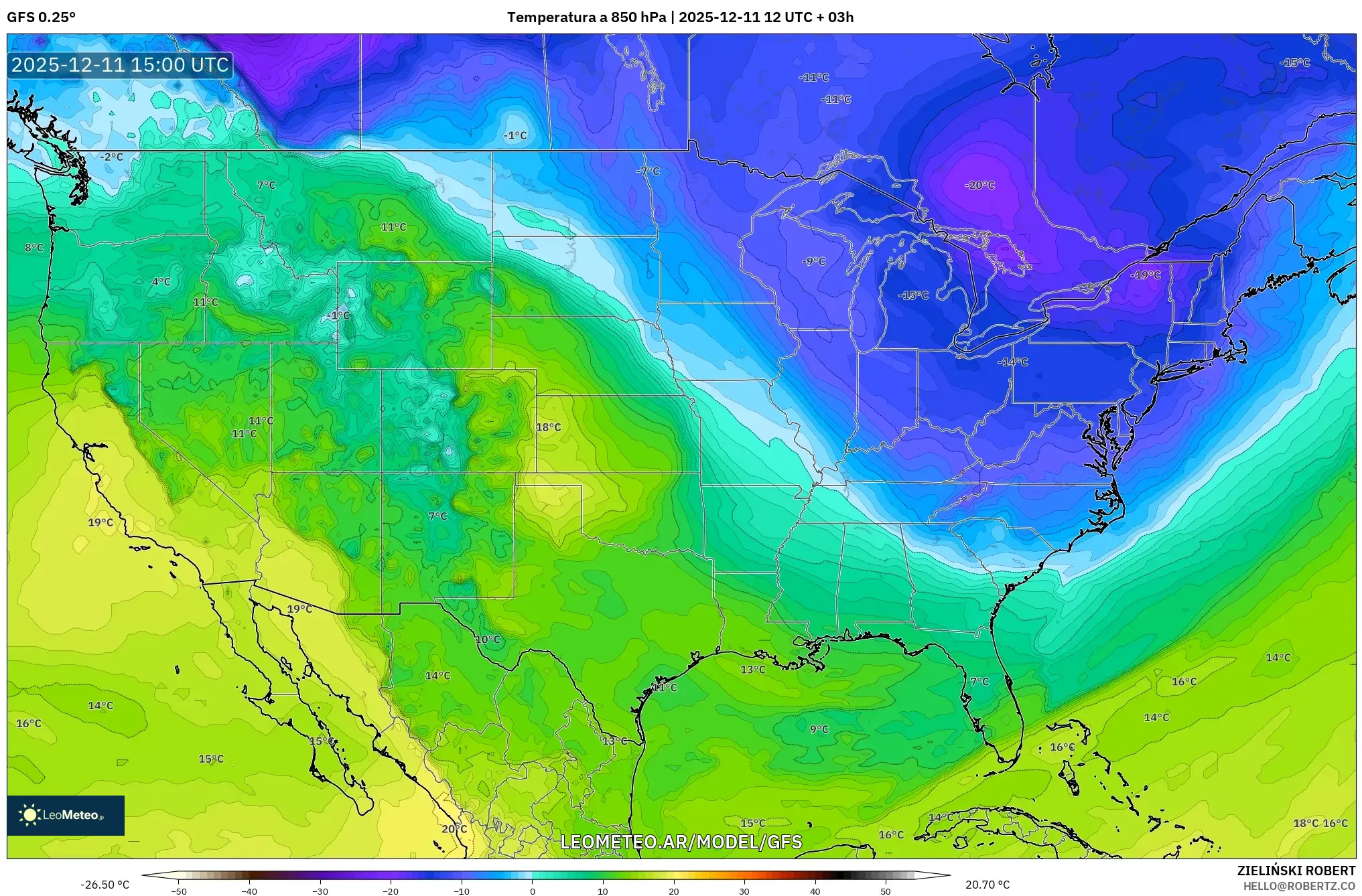 GFS model - Estados Unidos, Temperatura a 850 hPa