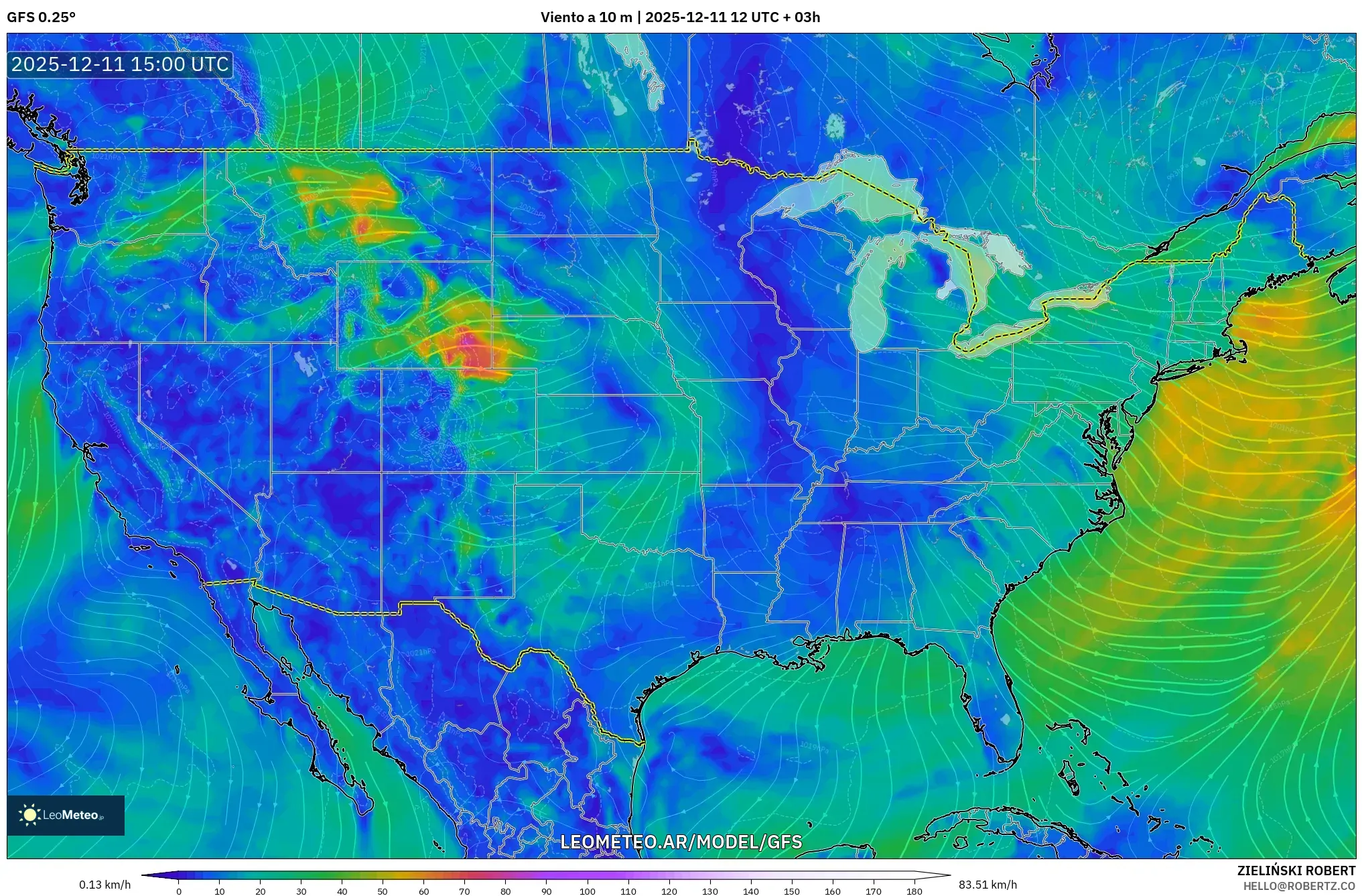 GFS model - Estados Unidos, Viento a 10 m
