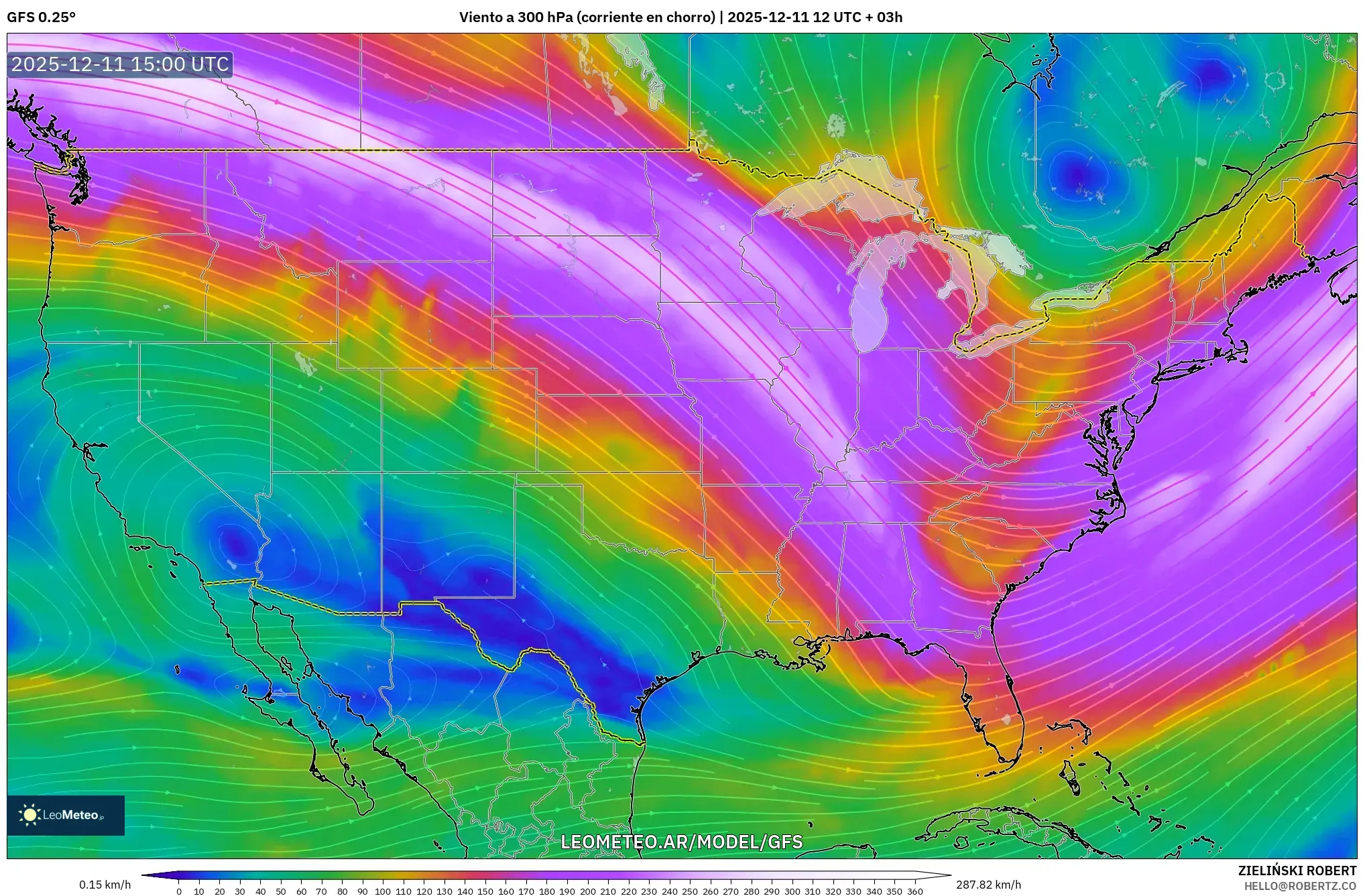 GFS model - Estados Unidos, Viento a 300 hPa (corriente en chorro)