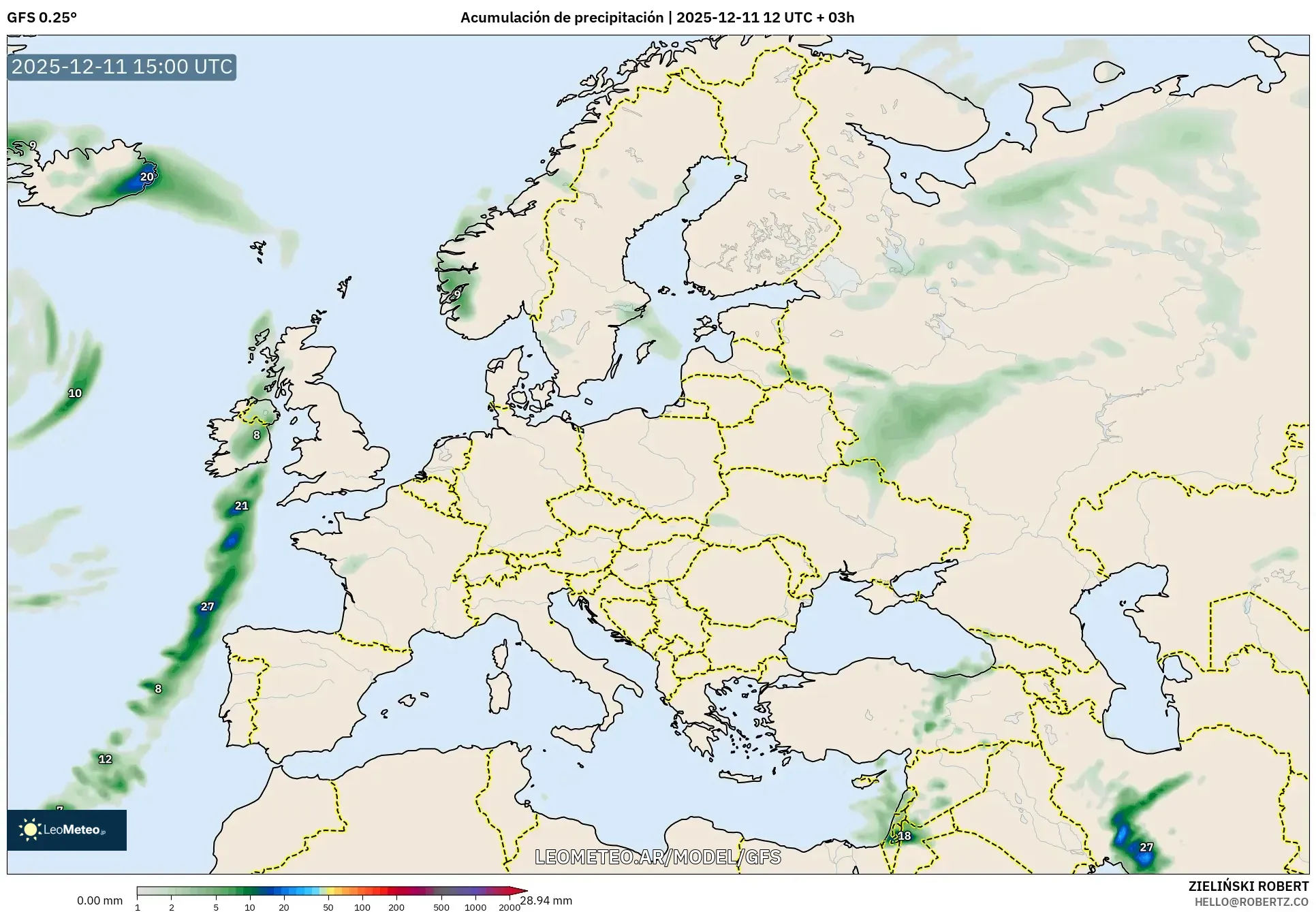 GFS model - Europa, Acumulación de precipitación