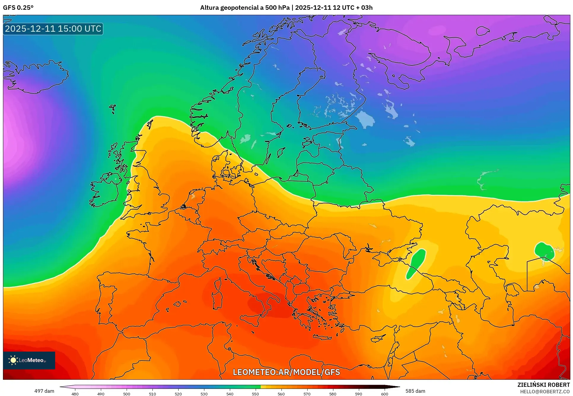 GFS model - Europa, Altura geopotencial a 500 hPa