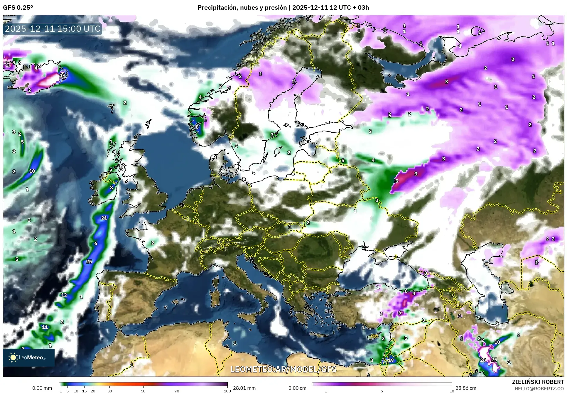 GFS model - Europa, Precipitación, nubes y presión
