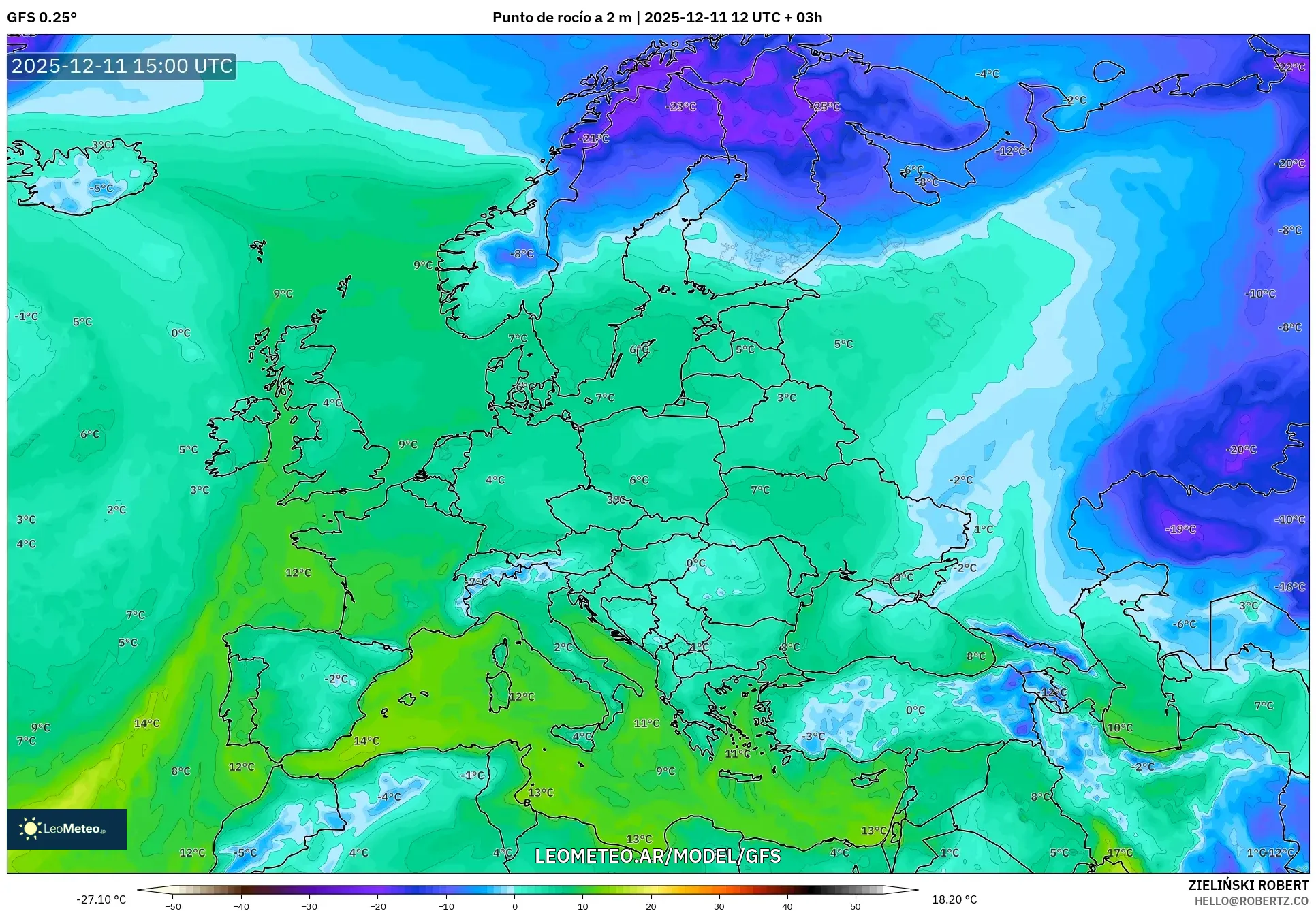 GFS model - Europa, Punto de rocío a 2 m