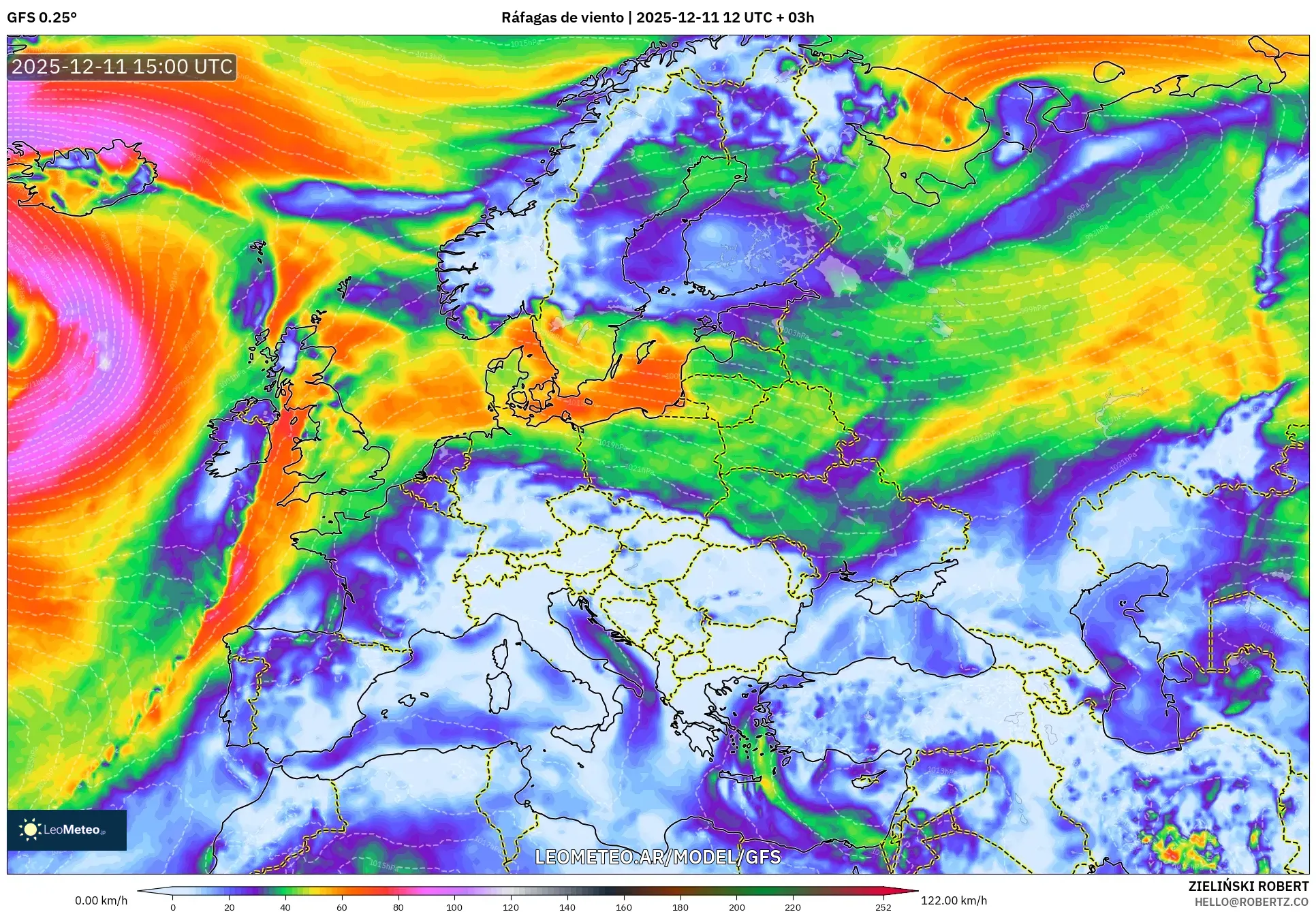 GFS model - Europa, Ráfagas de viento