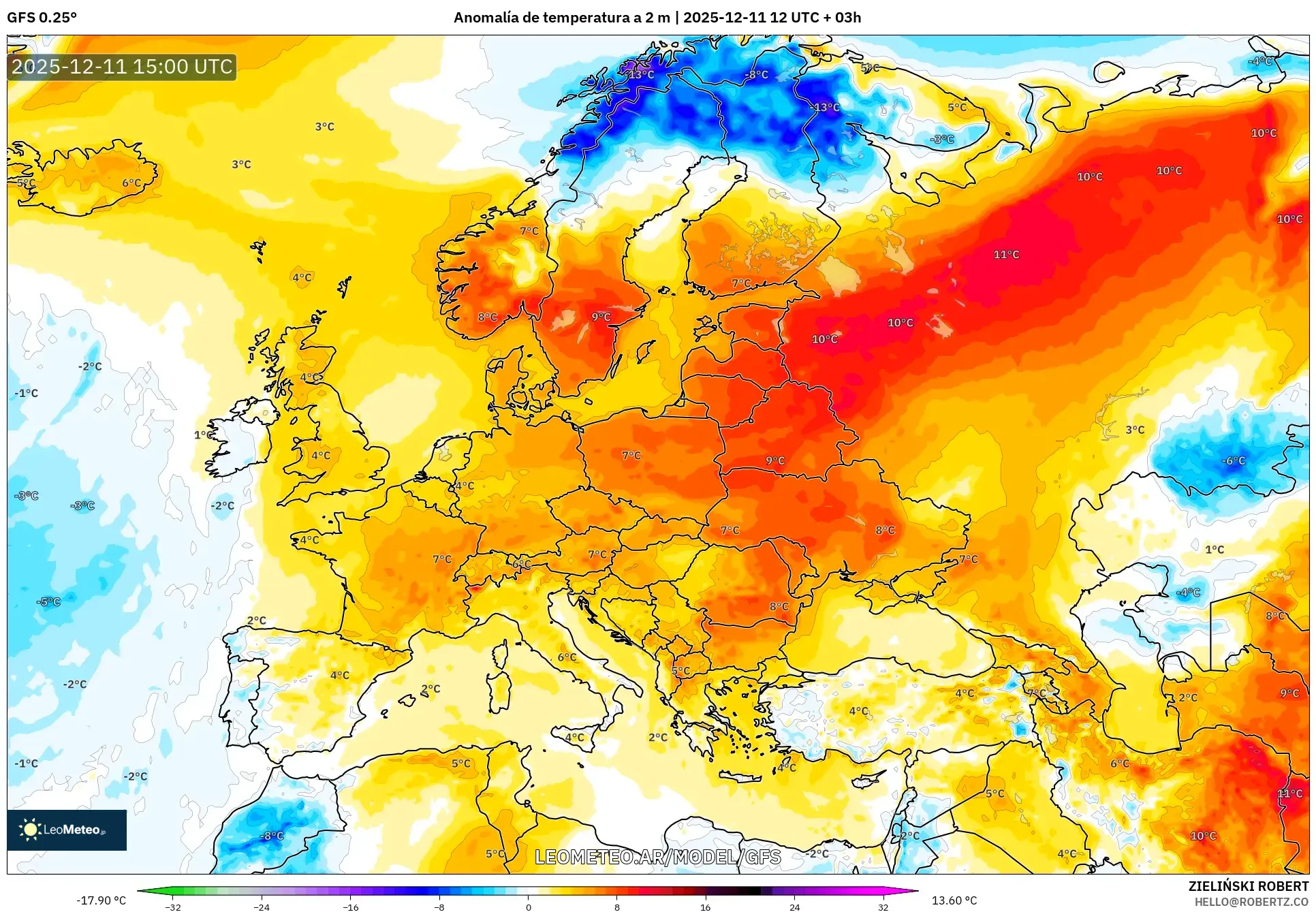 GFS model - Europa, Anomalía de temperatura a 2 m