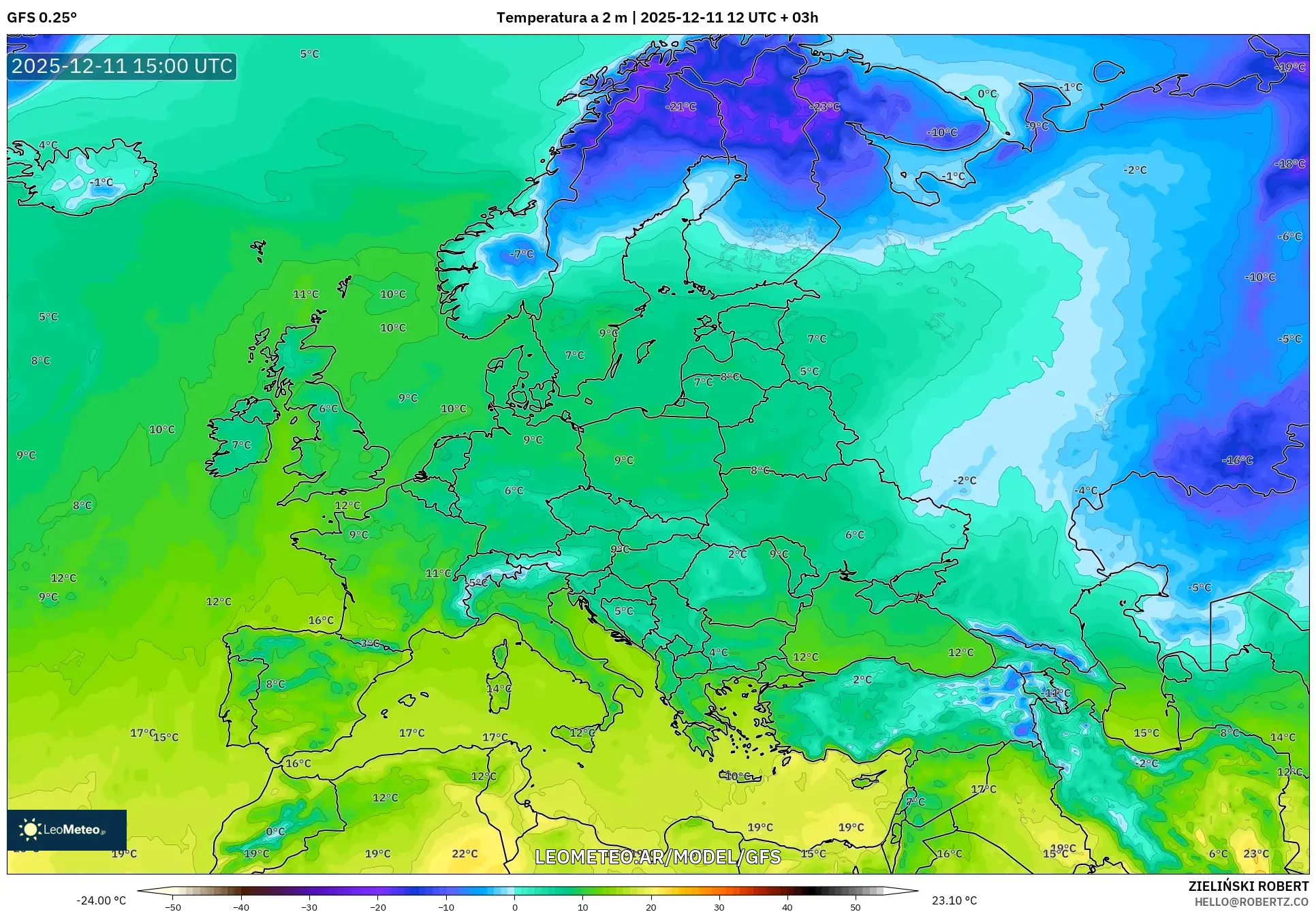 GFS model - Europa, Temperatura a 2 m