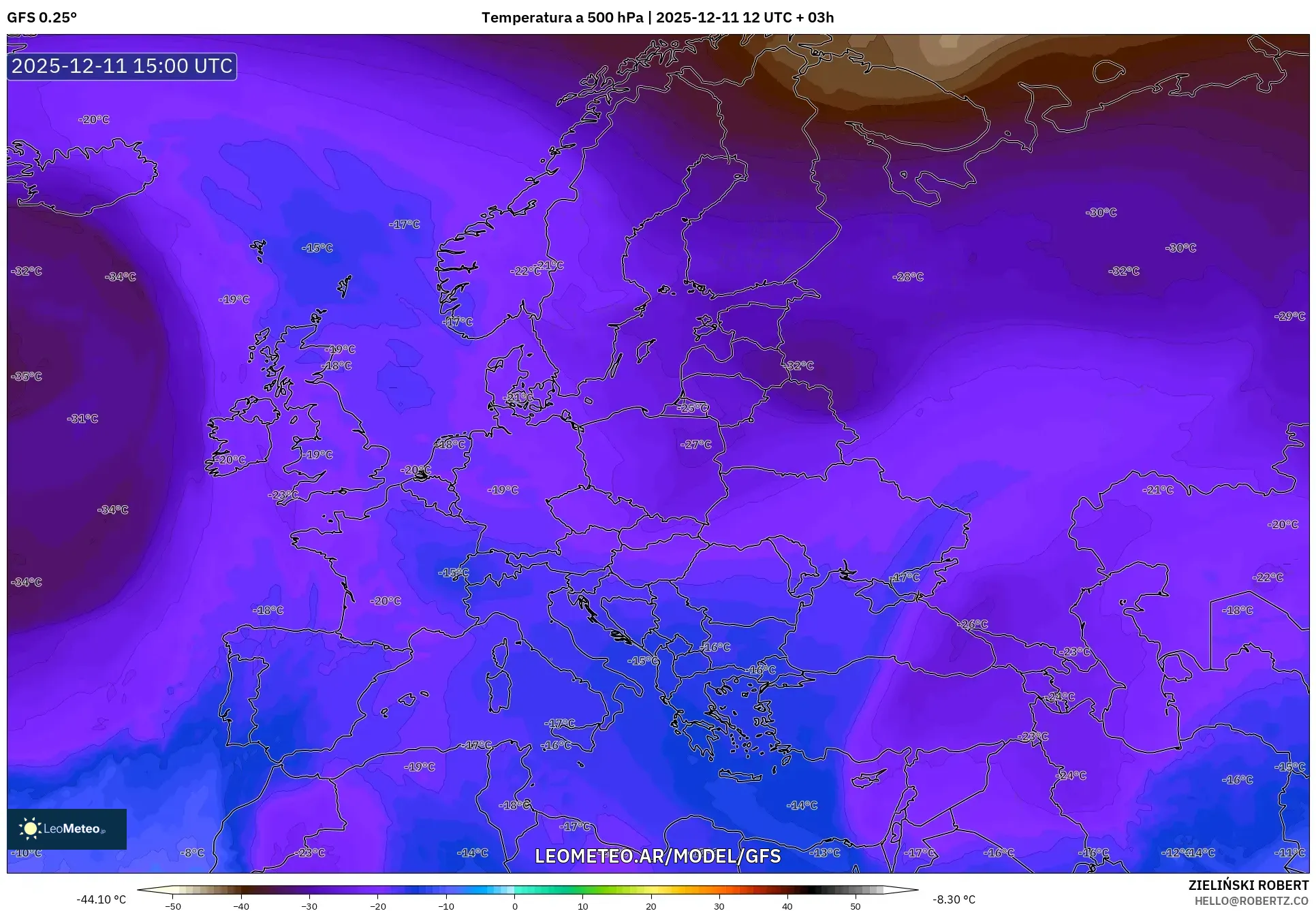 GFS model - Europa, Temperatura a 500 hPa