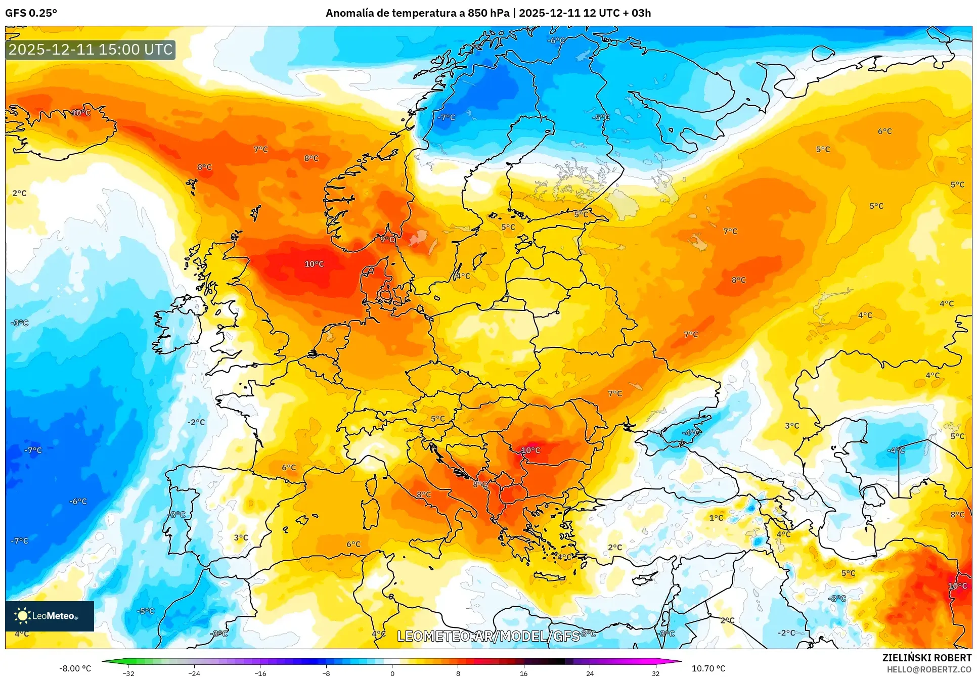 GFS model - Europa, Anomalía de temperatura a 850 hPa