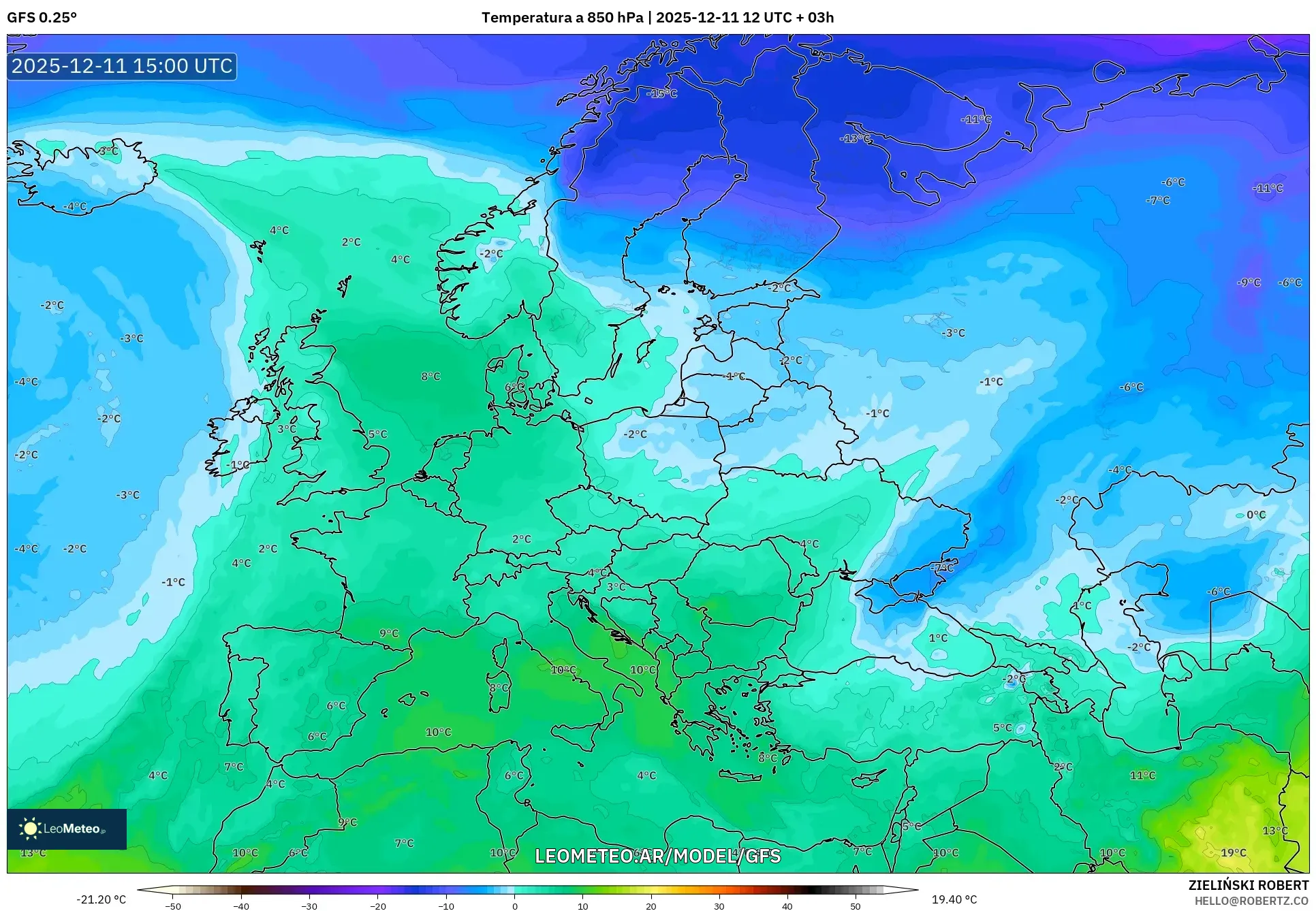 GFS model - Europa, Temperatura a 850 hPa
