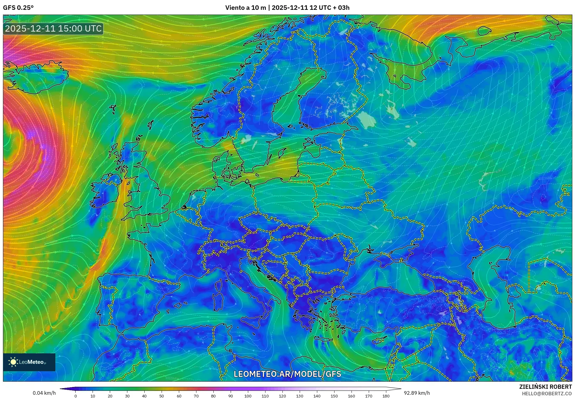 GFS model - Europa, Viento a 10 m