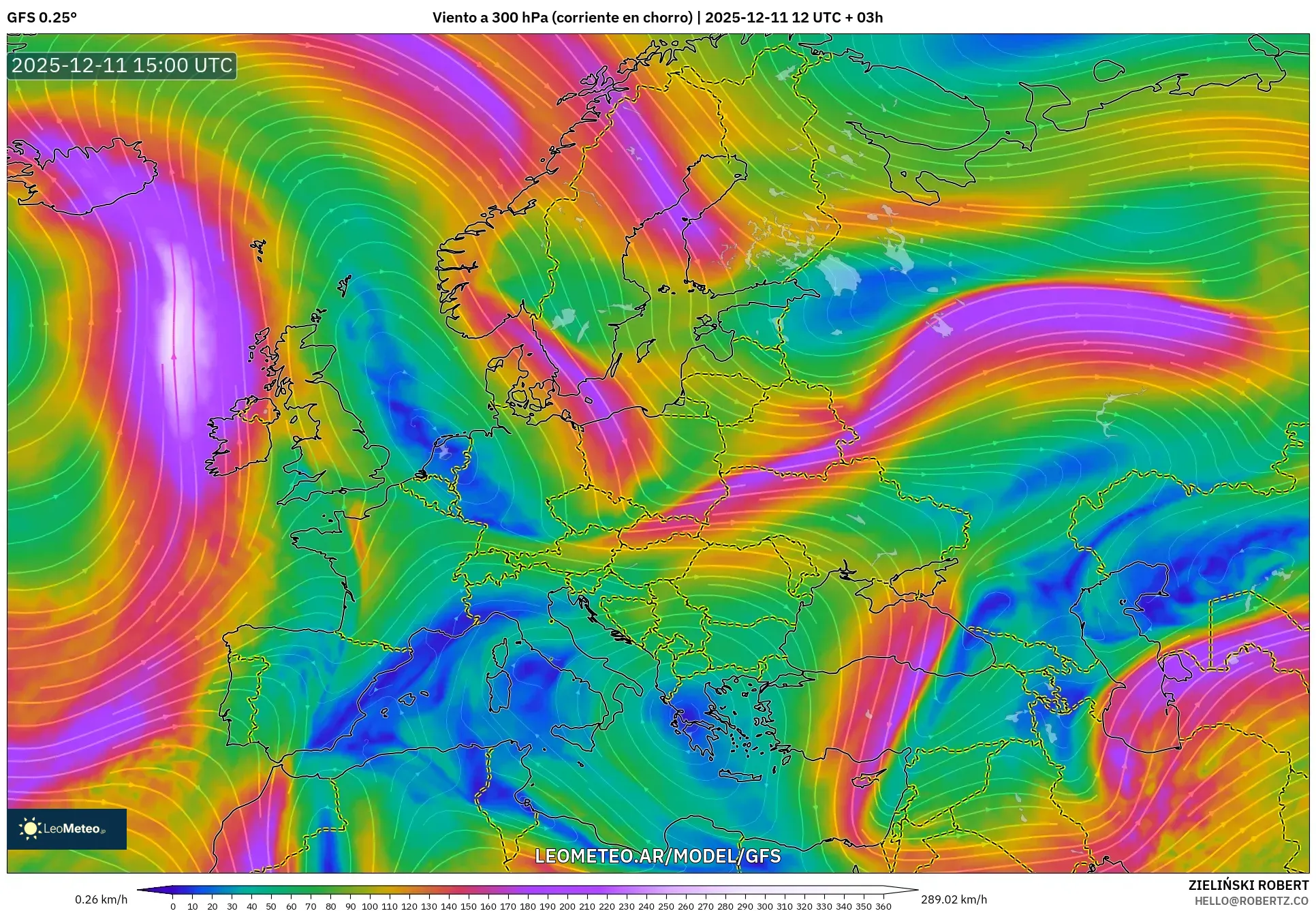 GFS model - Europa, Viento a 300 hPa (corriente en chorro)