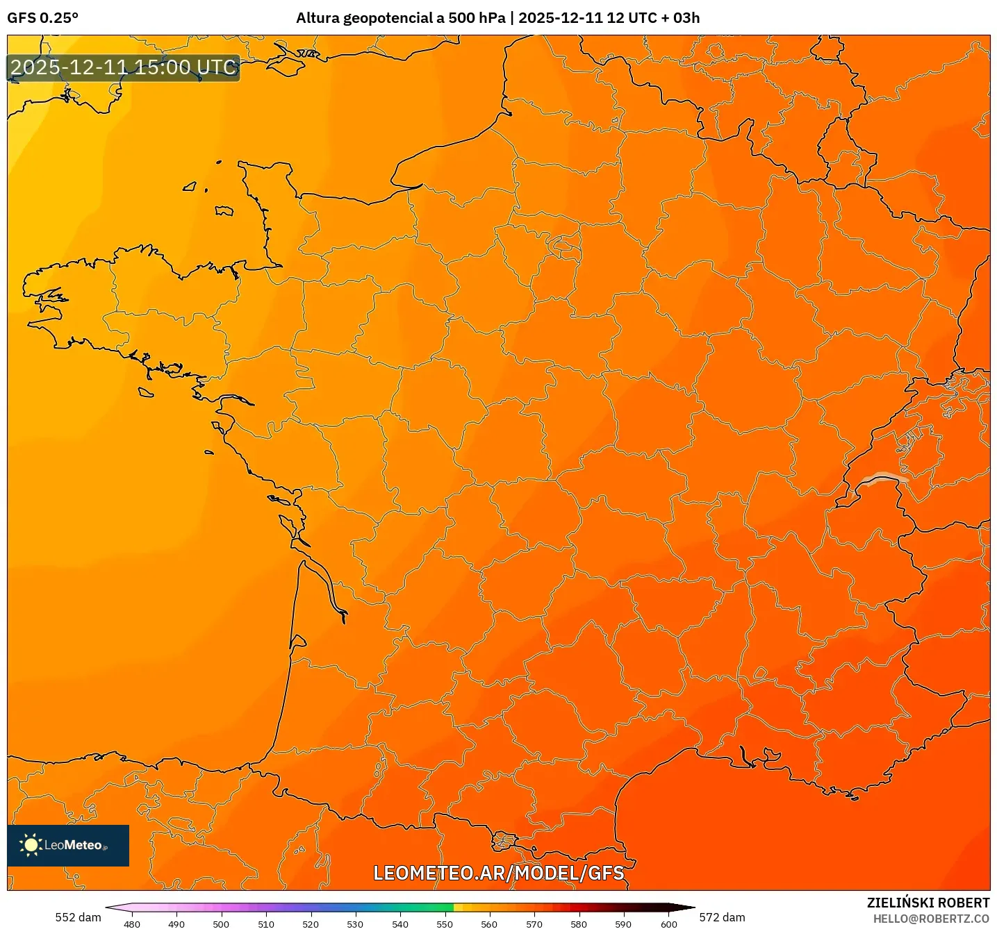 GFS model - Francia, Altura geopotencial a 500 hPa