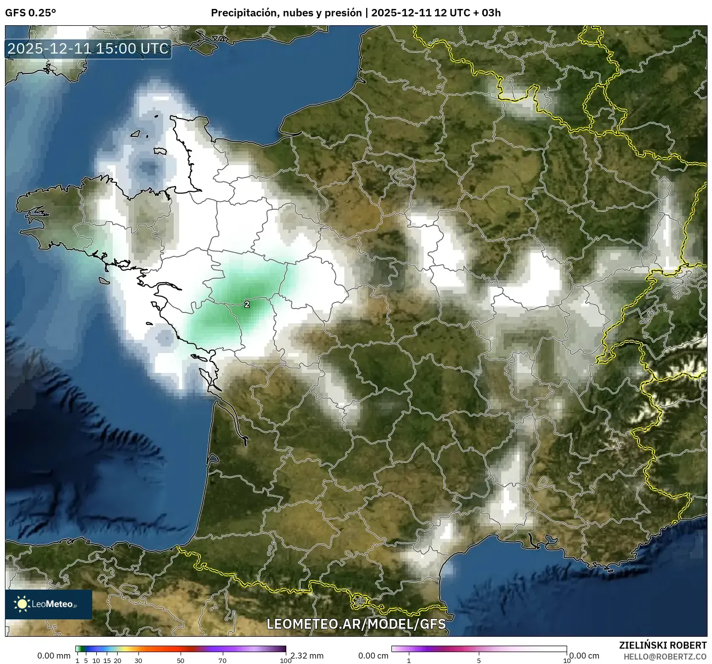 GFS model - Francia, Precipitación, nubes y presión