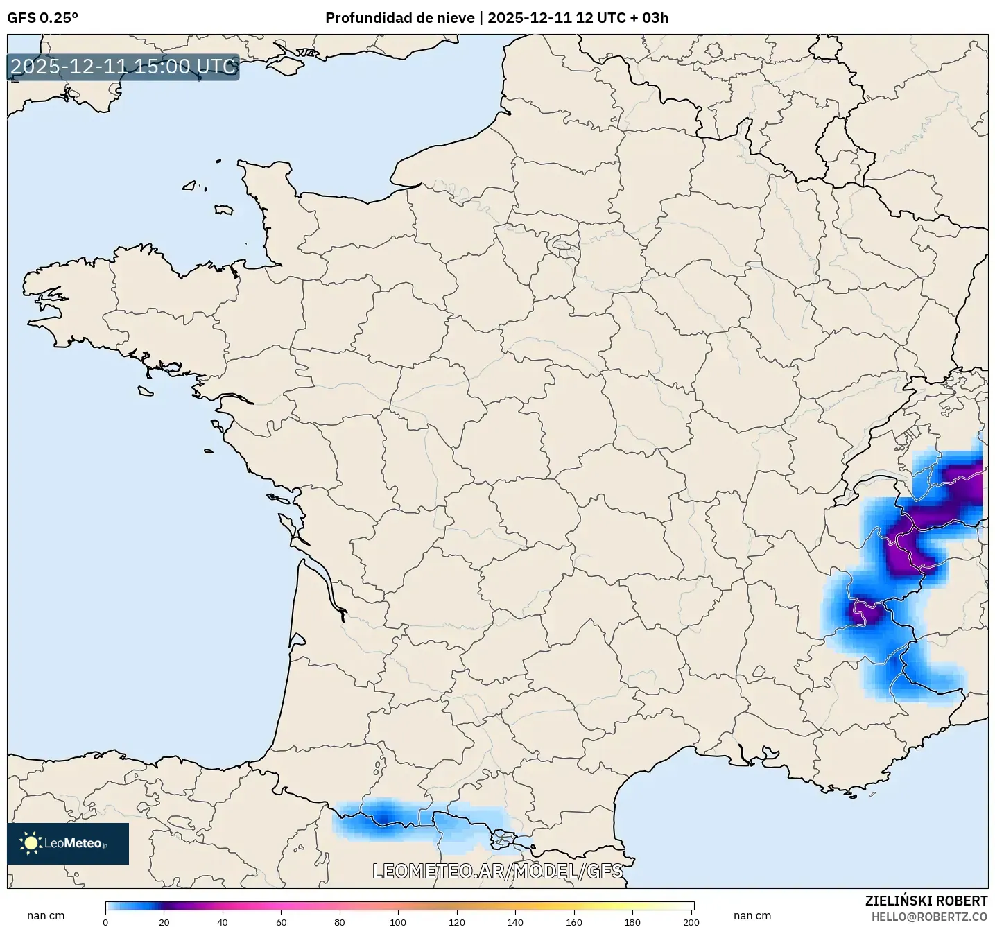GFS model - Francia, Profundidad de nieve