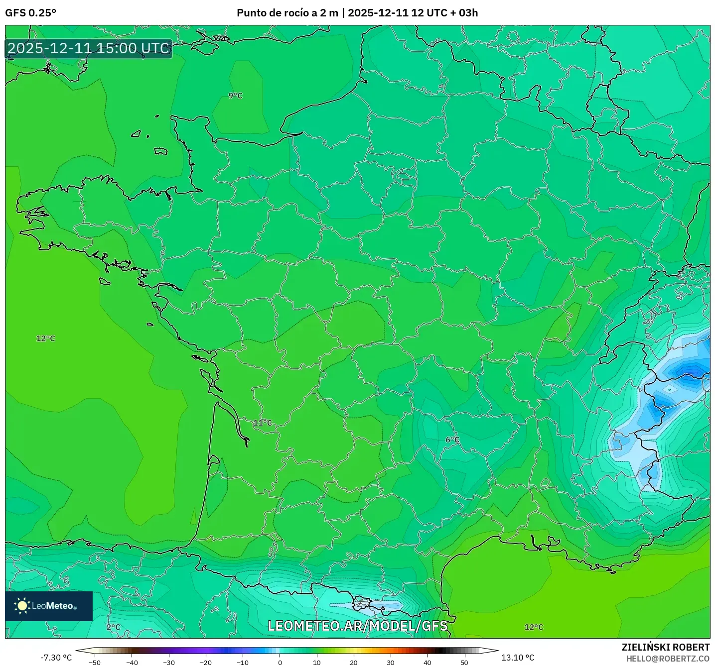 GFS model - Francia, Punto de rocío a 2 m