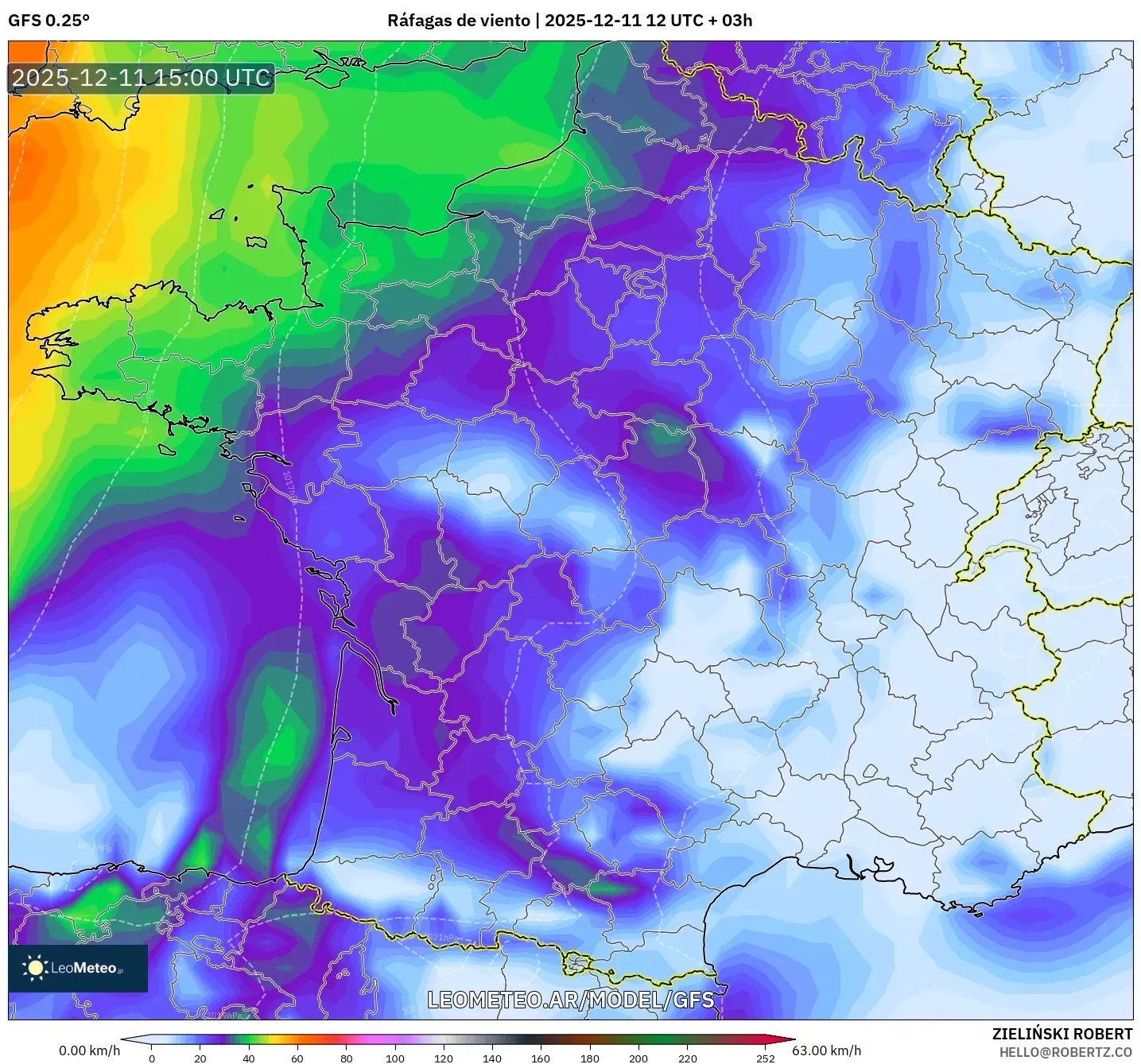 GFS model - Francia, Ráfagas de viento