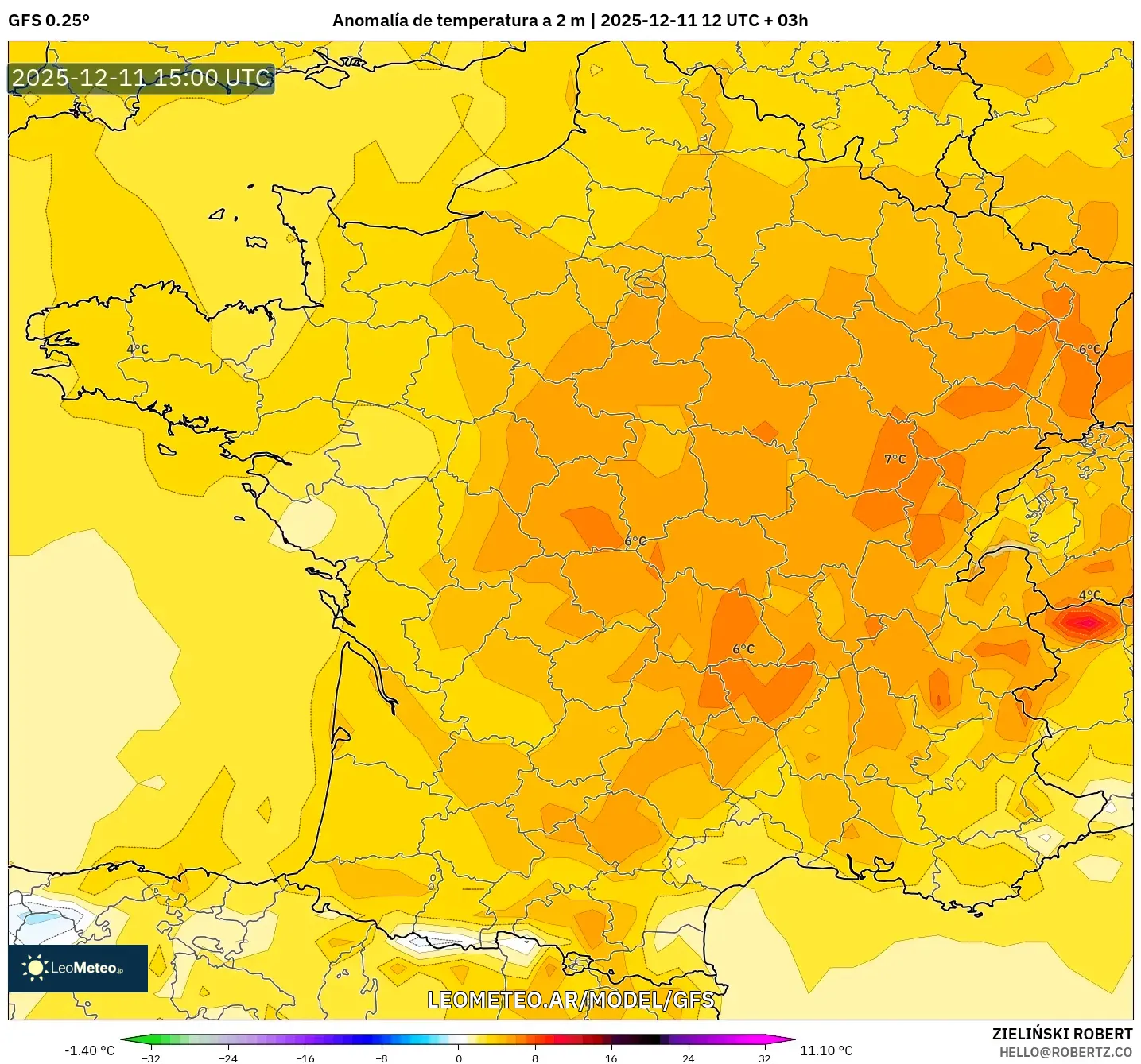 GFS model - Francia, Anomalía de temperatura a 2 m