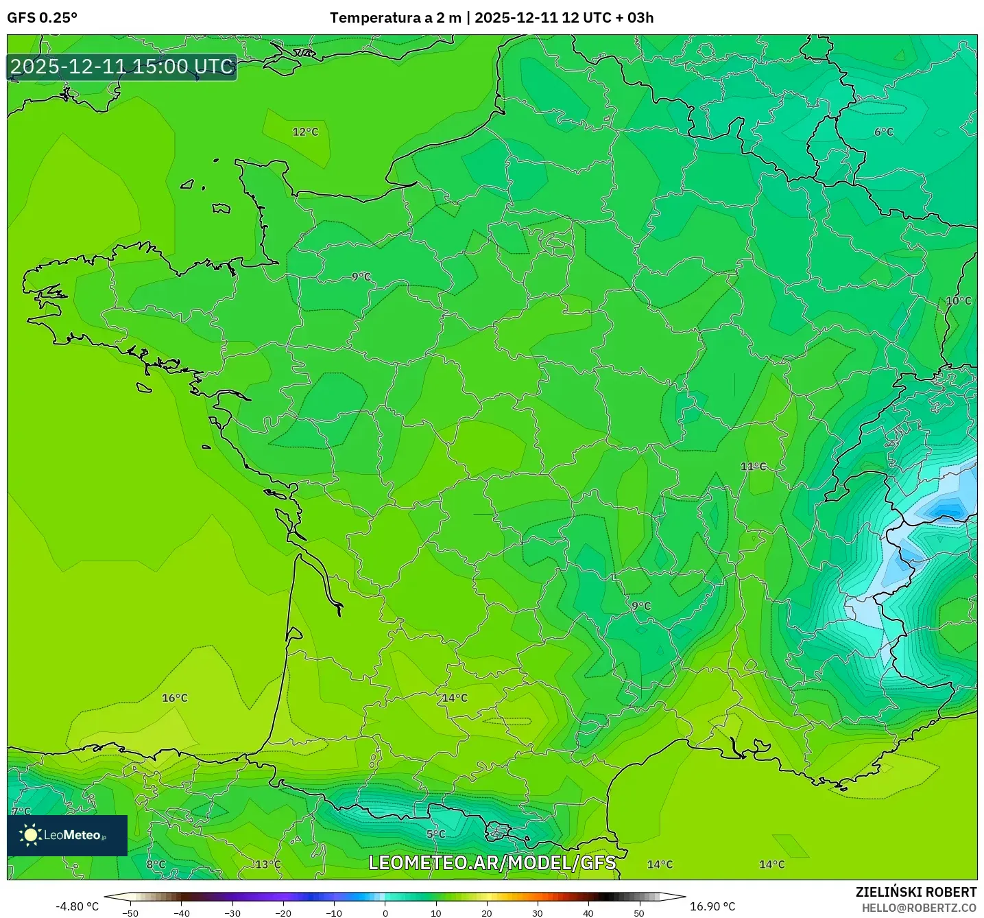 GFS model - Francia, Temperatura a 2 m