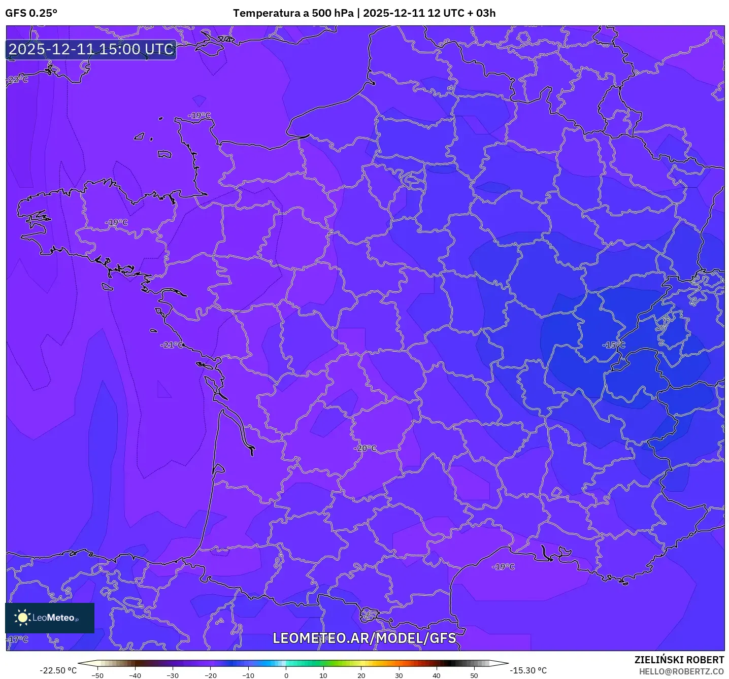 GFS model - Francia, Temperatura a 500 hPa