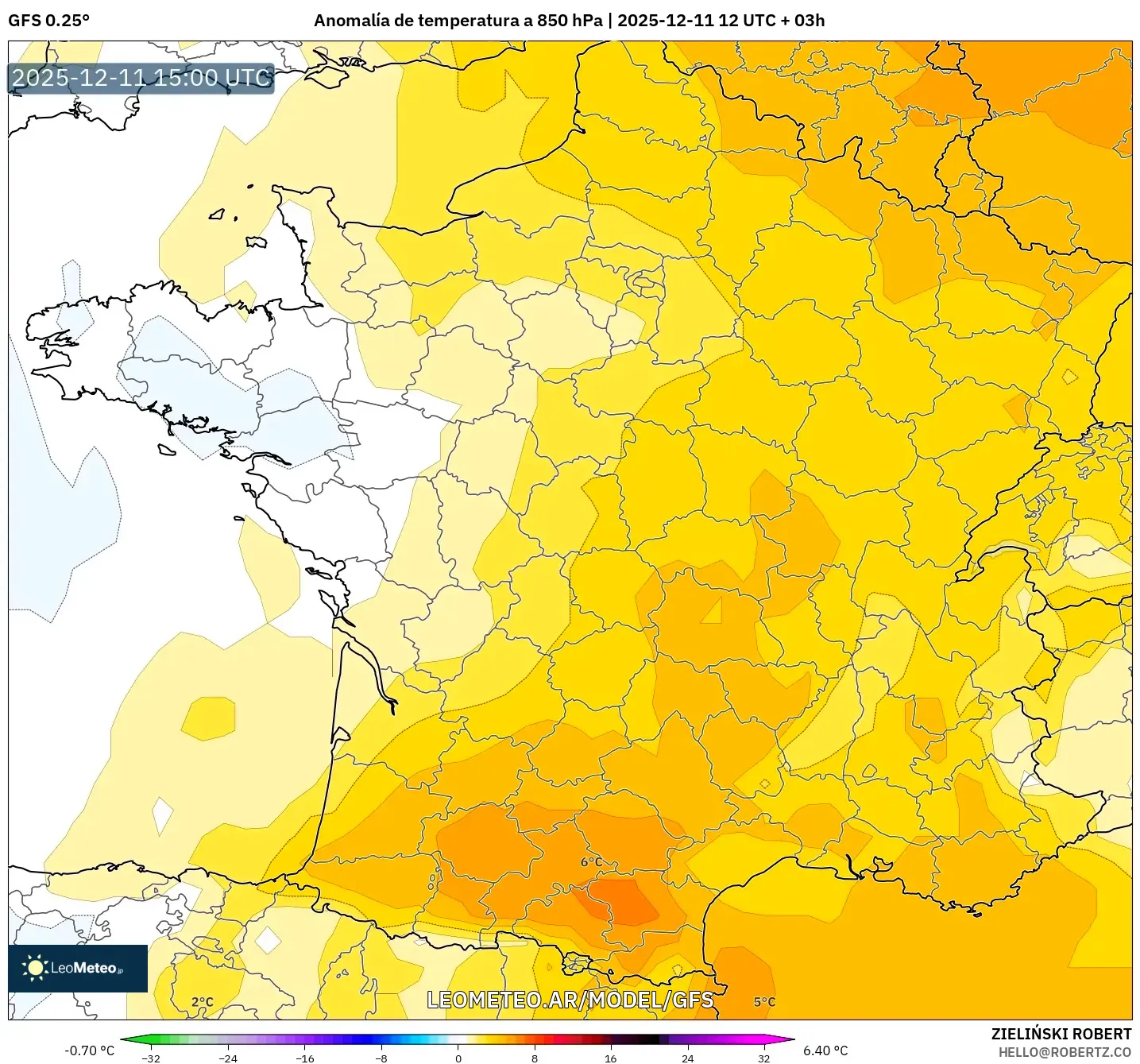 GFS model - Francia, Anomalía de temperatura a 850 hPa