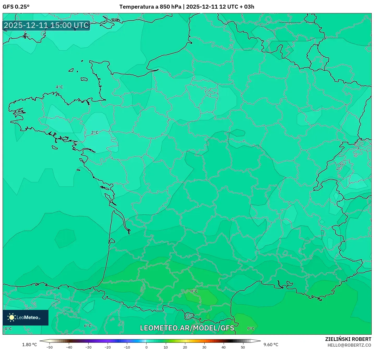 GFS model - Francia, Temperatura a 850 hPa