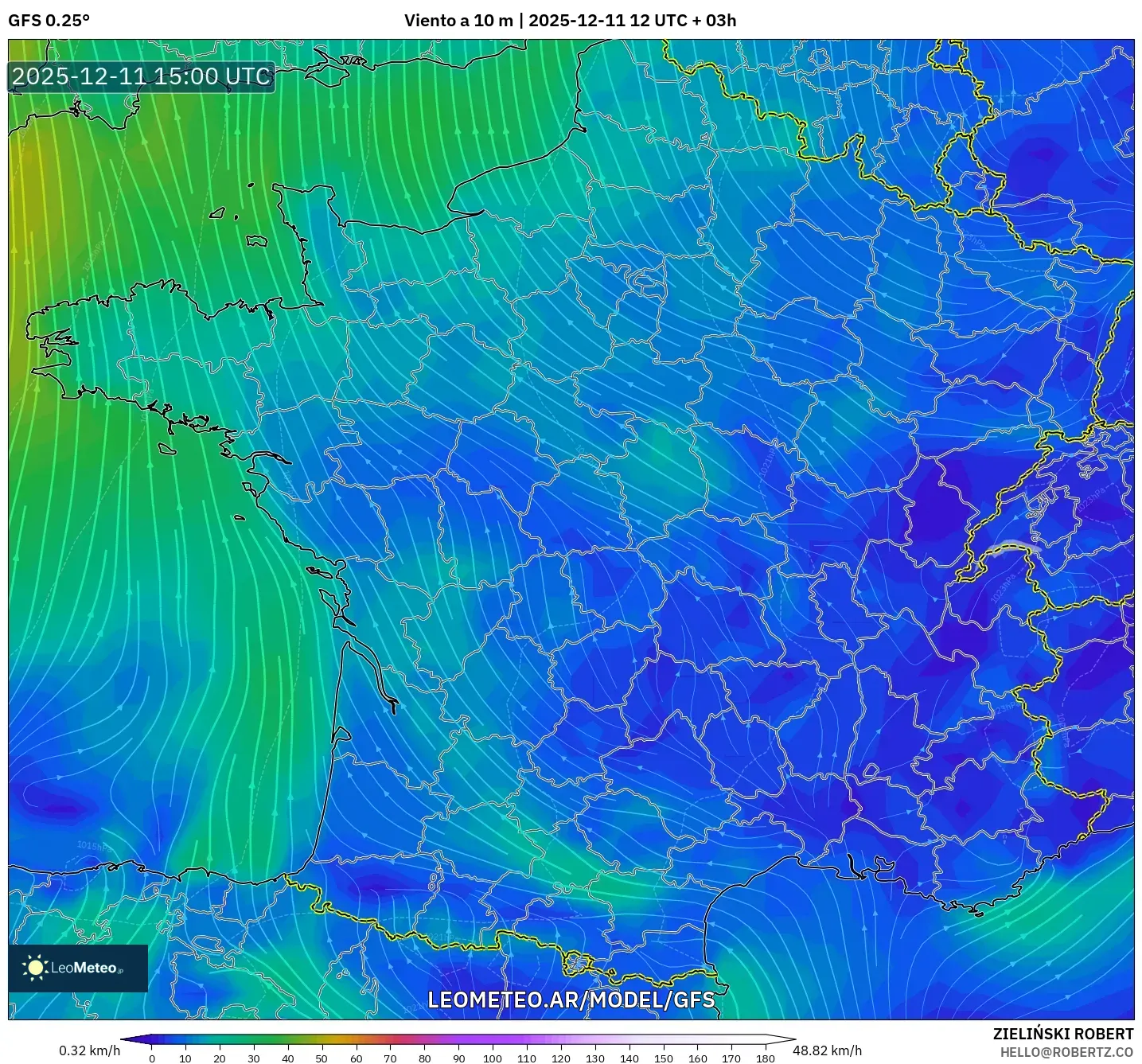 GFS model - Francia, Viento a 10 m