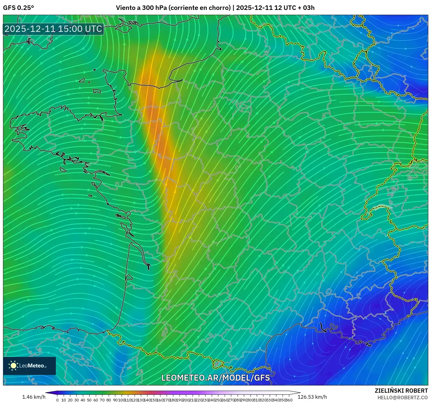 GFS model - Francia, Viento a 300 hPa (corriente en chorro)