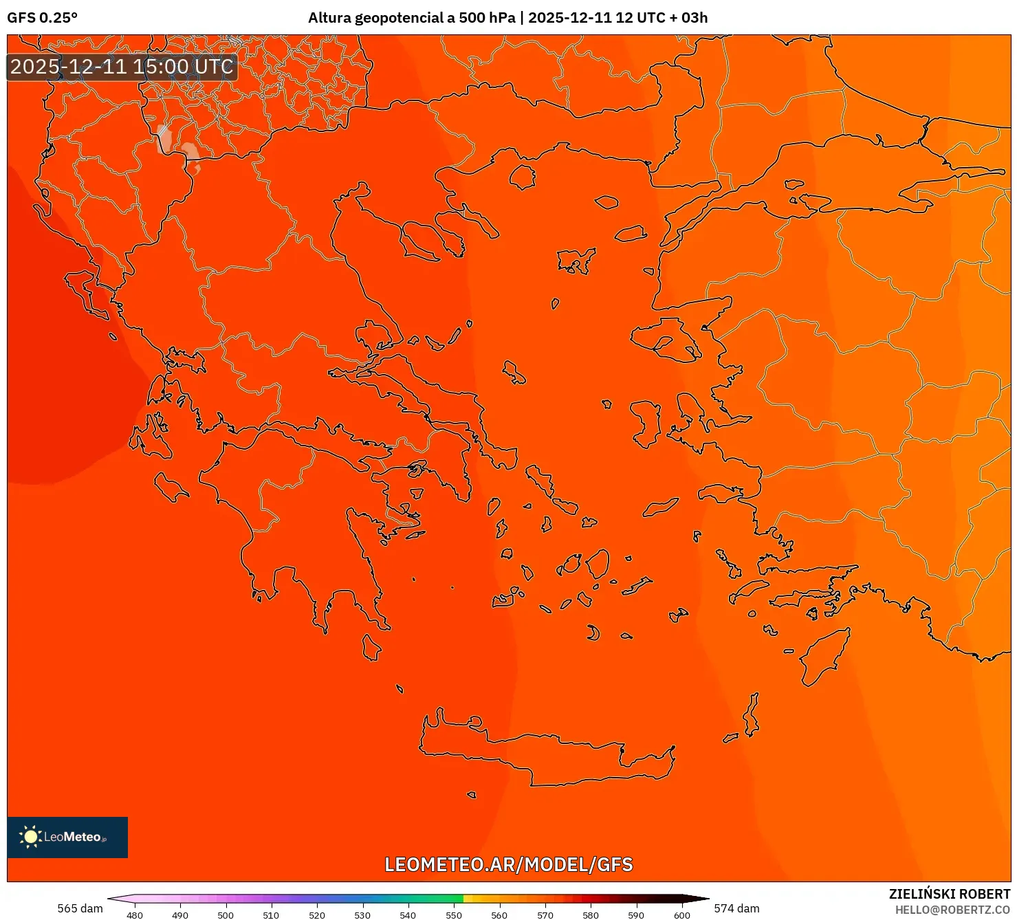 GFS model - Grecia, Altura geopotencial a 500 hPa