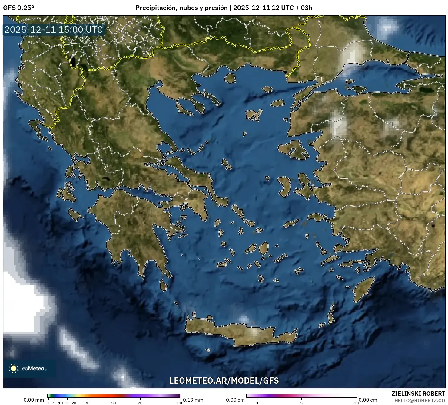 GFS model - Grecia, Precipitación, nubes y presión