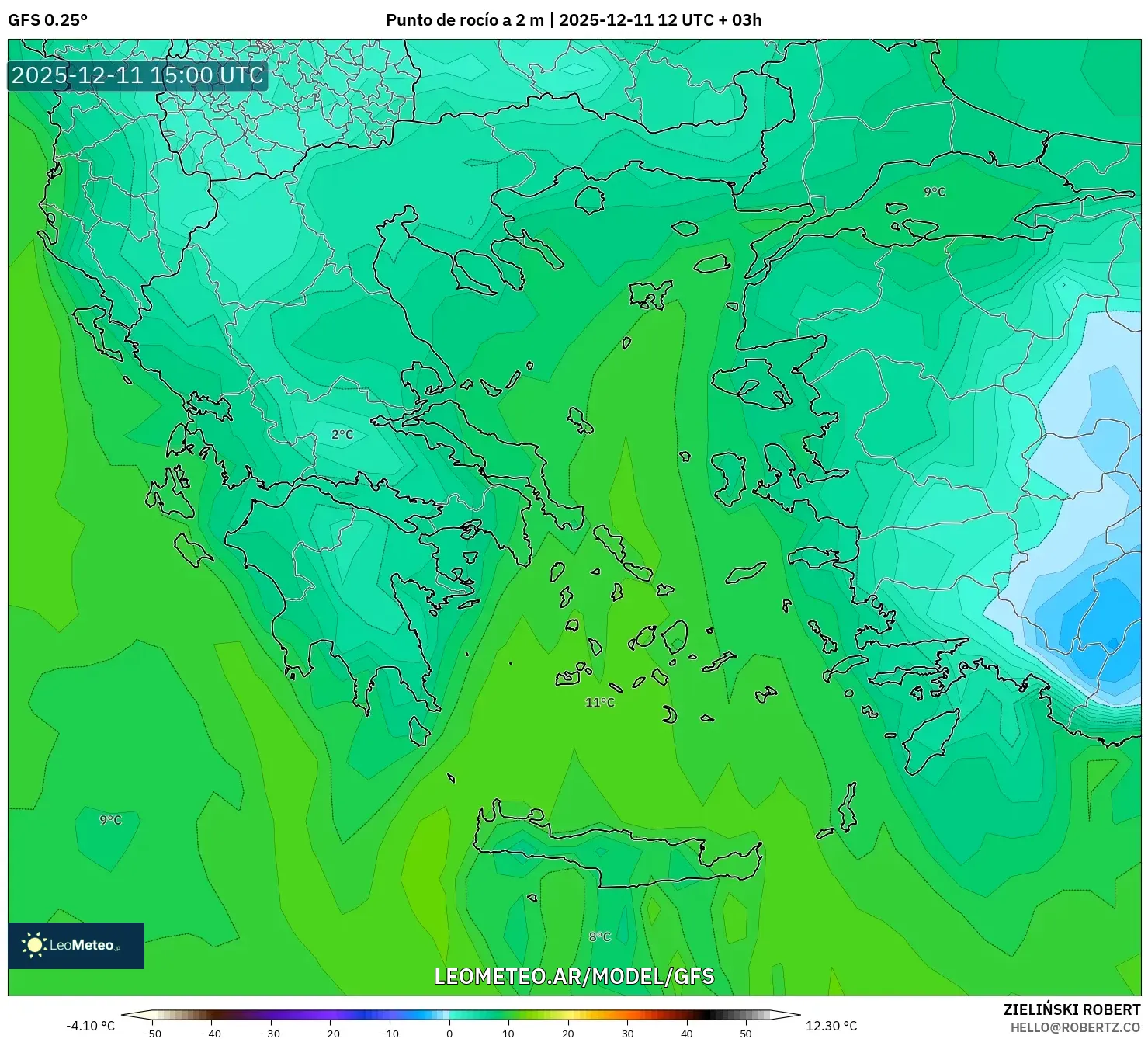 GFS model - Grecia, Punto de rocío a 2 m