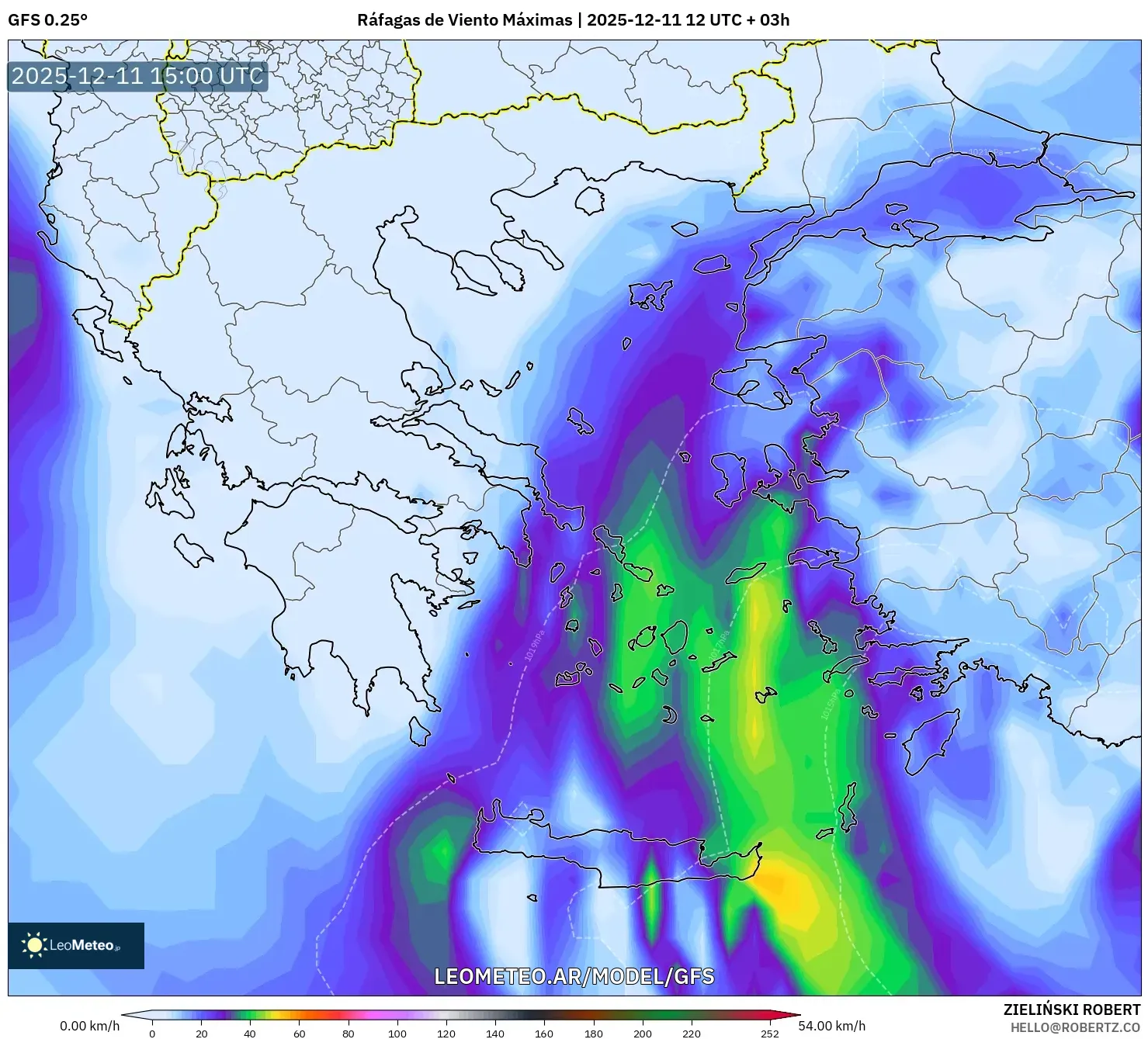 GFS model - Grecia, Ráfagas de Viento Máximas