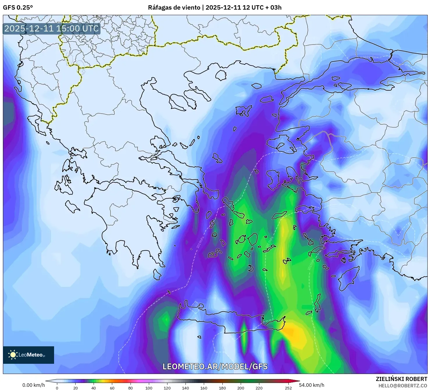 GFS model - Grecia, Ráfagas de viento
