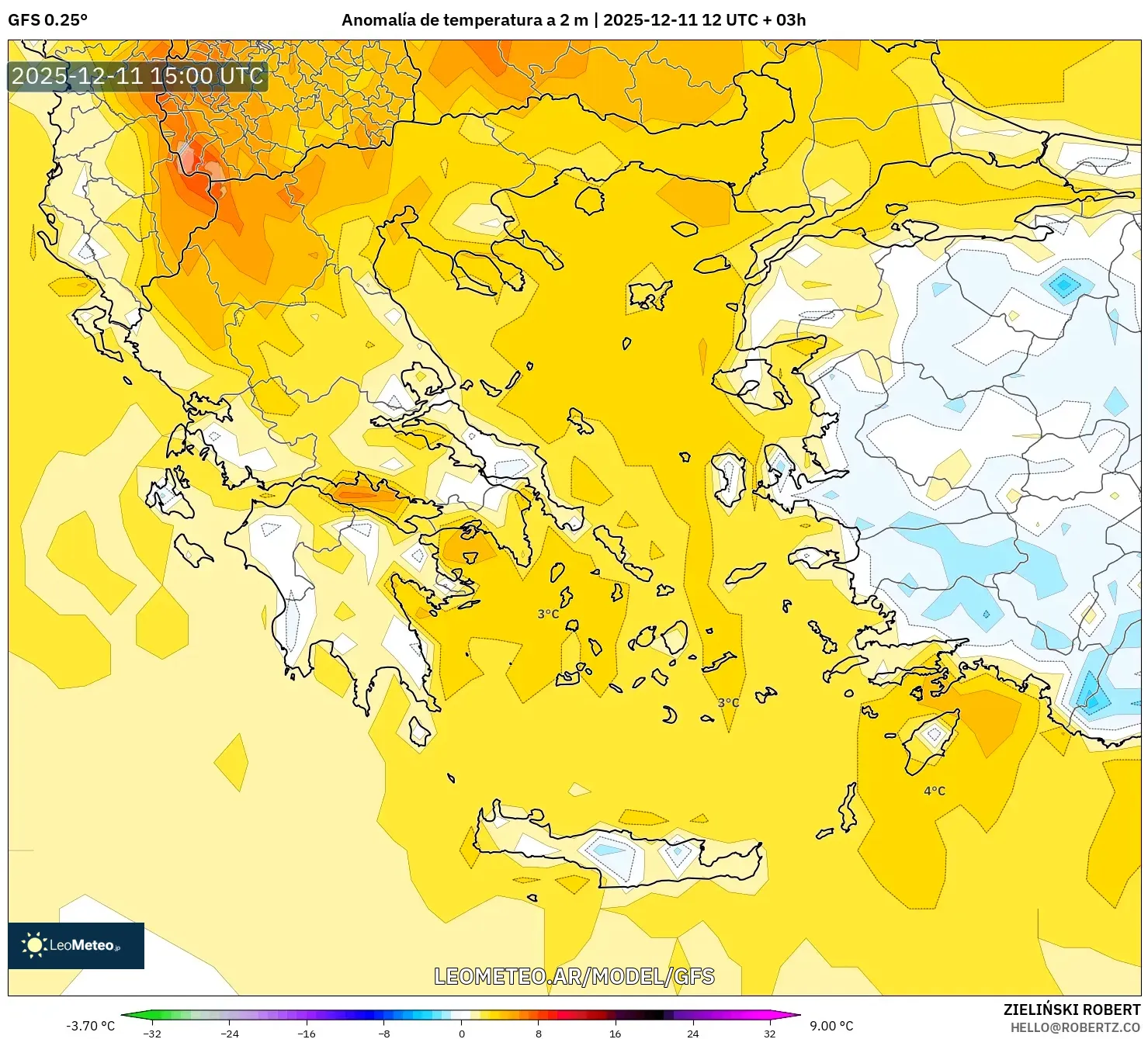 GFS model - Grecia, Anomalía de temperatura a 2 m